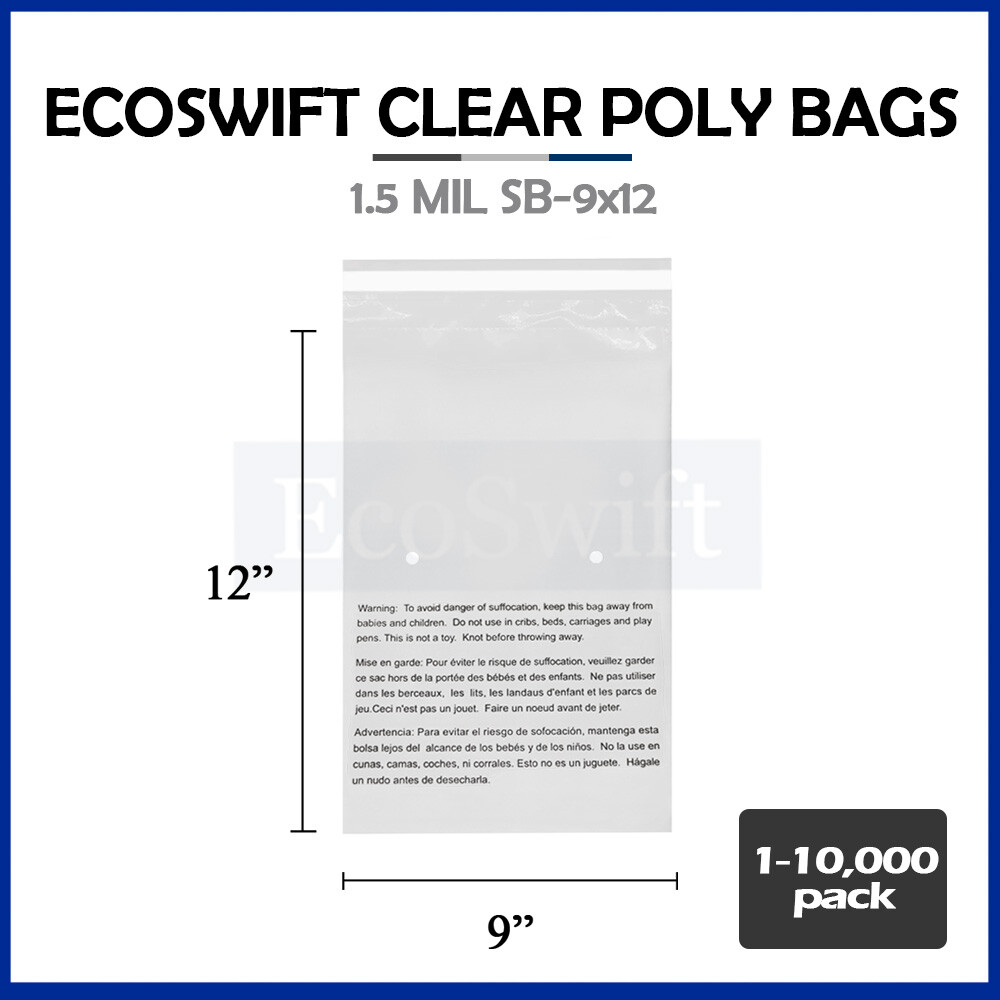 1-10000 9×12 EcoSwift Self Seal Suffocation Warning Clear Poly Bags Free Ship