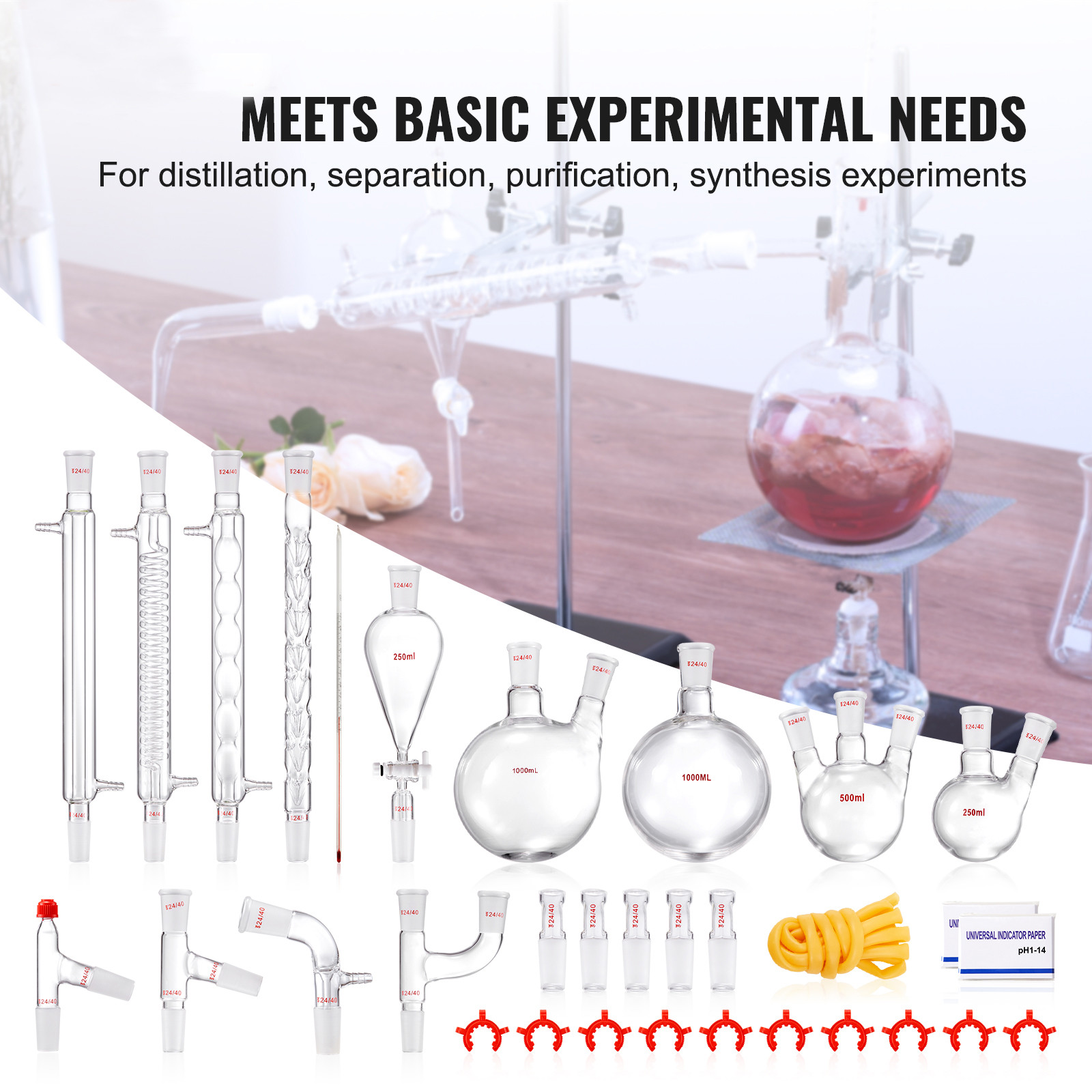 VEVOR Lab Glassware Distillation Kit 1000ml 3.3 Boro 32 pcs Glassware Equipment
