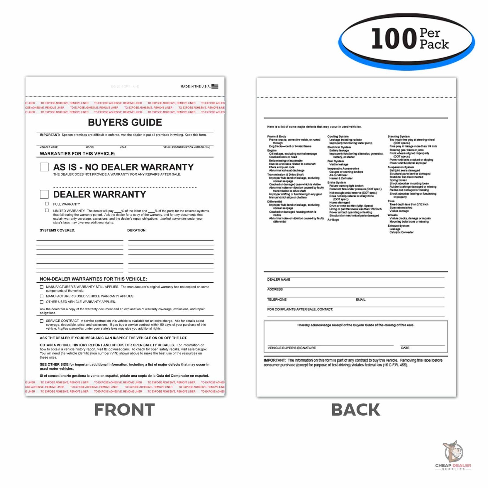 2-Part Buyers Guide Form – Adhesive Tape – English – As Is – Warranty (100 pack)