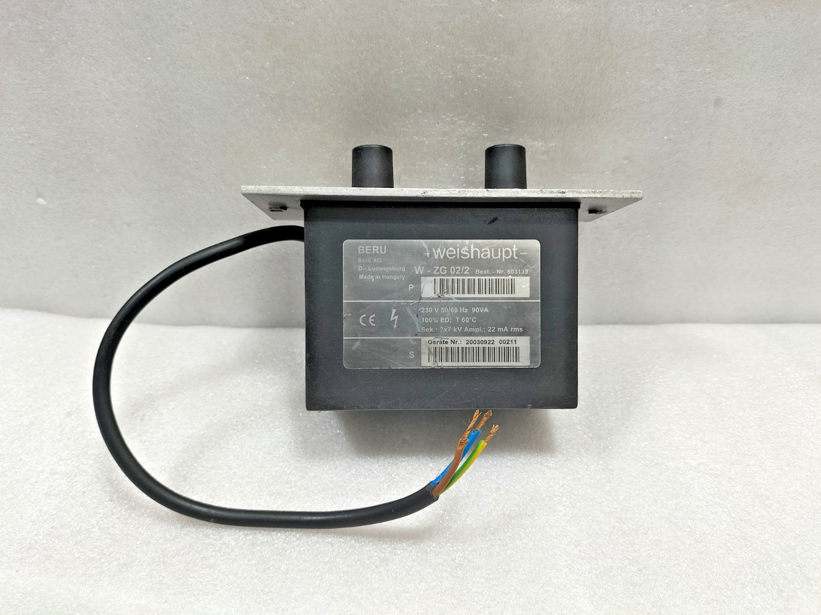 WEISHAUPT W-ZG 02/2 IGNITION TRANSFORMER 603139, 230V, 50/60 Hz, 90VA