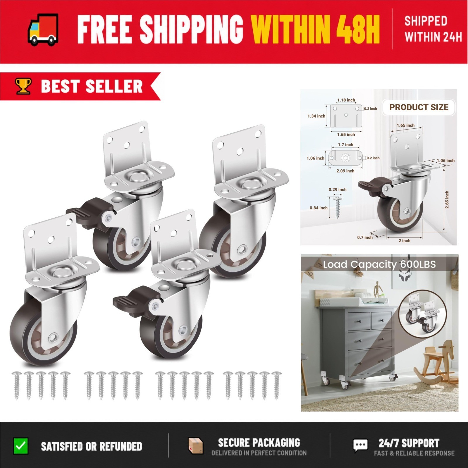 Nefish 2 Inch L-Shaped Rubber Casters Set of 4, 600 LBS Capacity