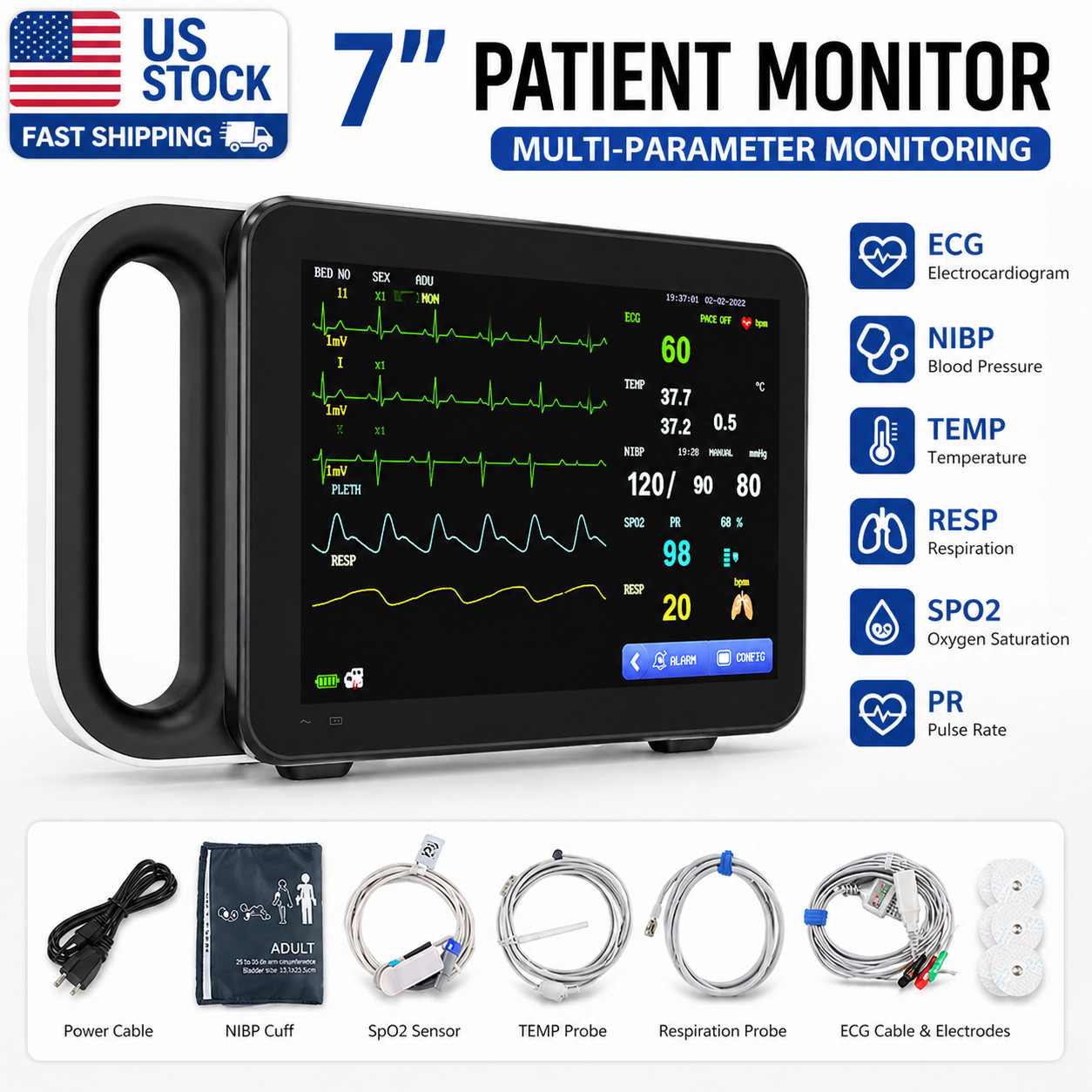 7″ Patient Monitor Vital Signs ECG NIBP SpO2 PR TEMP RESP Portable US Stock