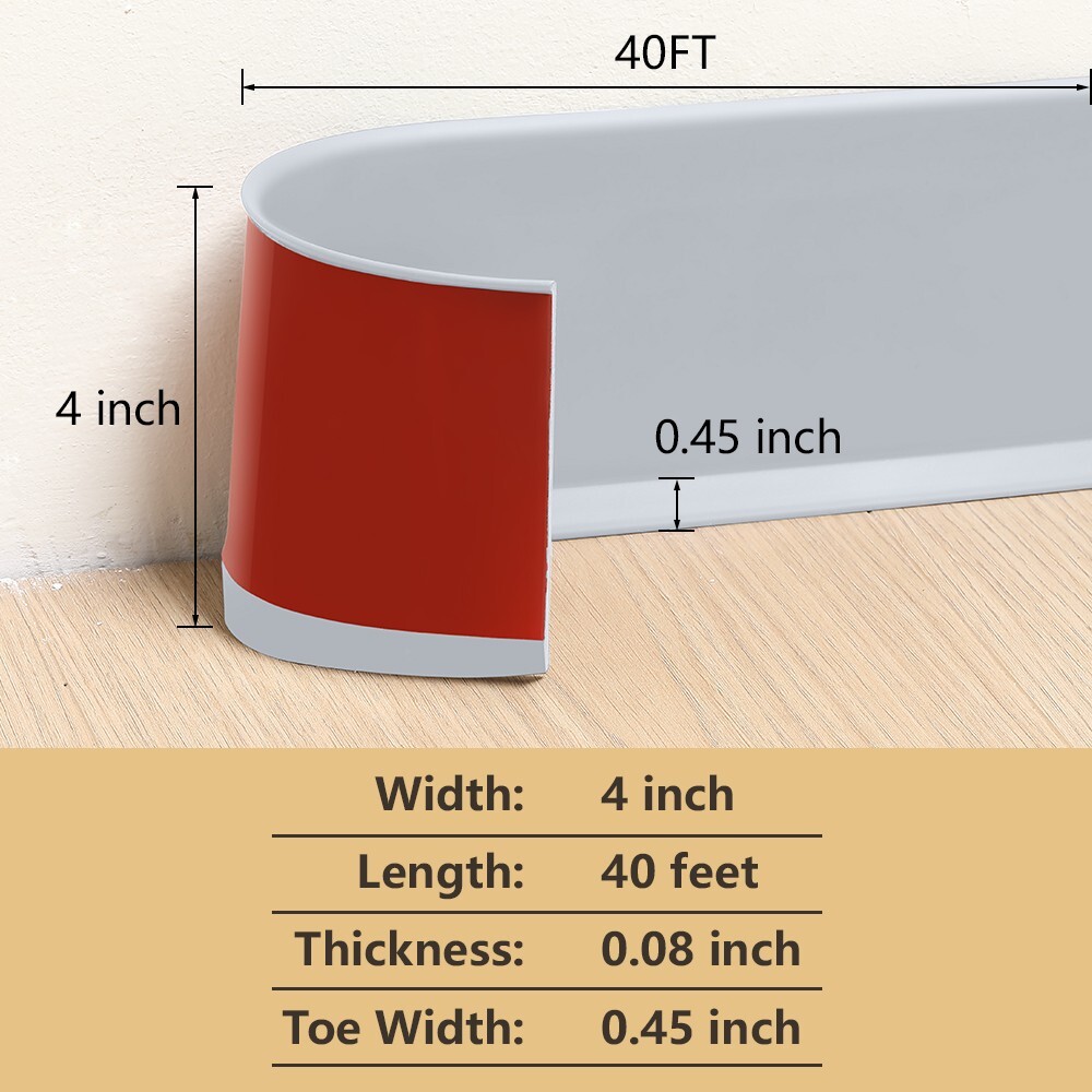 Vinyl Wall Base Baseboard Molding Trim 4″x 40FT Flexible Self Adhesive Grey