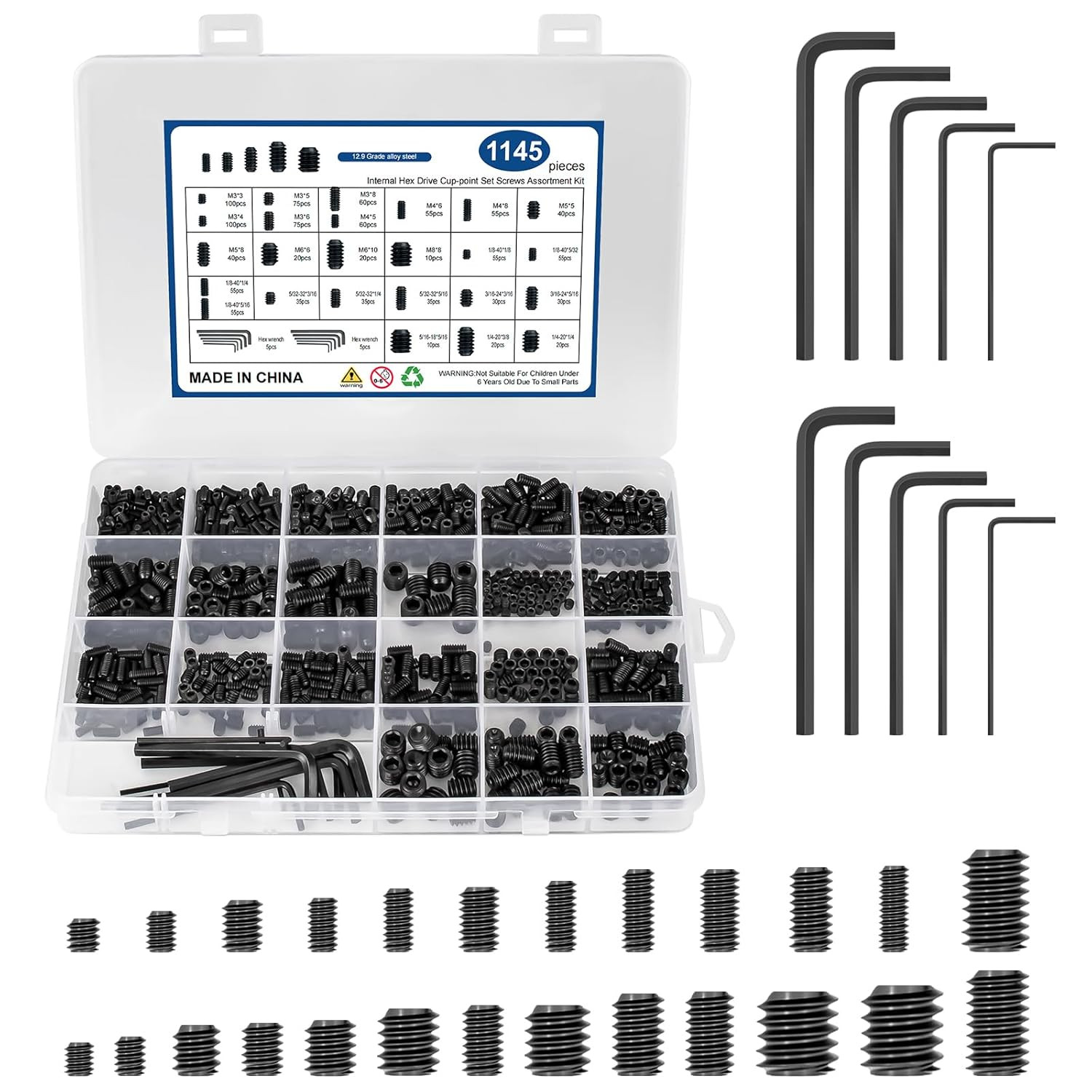 1145PCS 25 Sizes Metric & SAE Set Screw Assortment Kit12.9 Class Alloy Steel In
