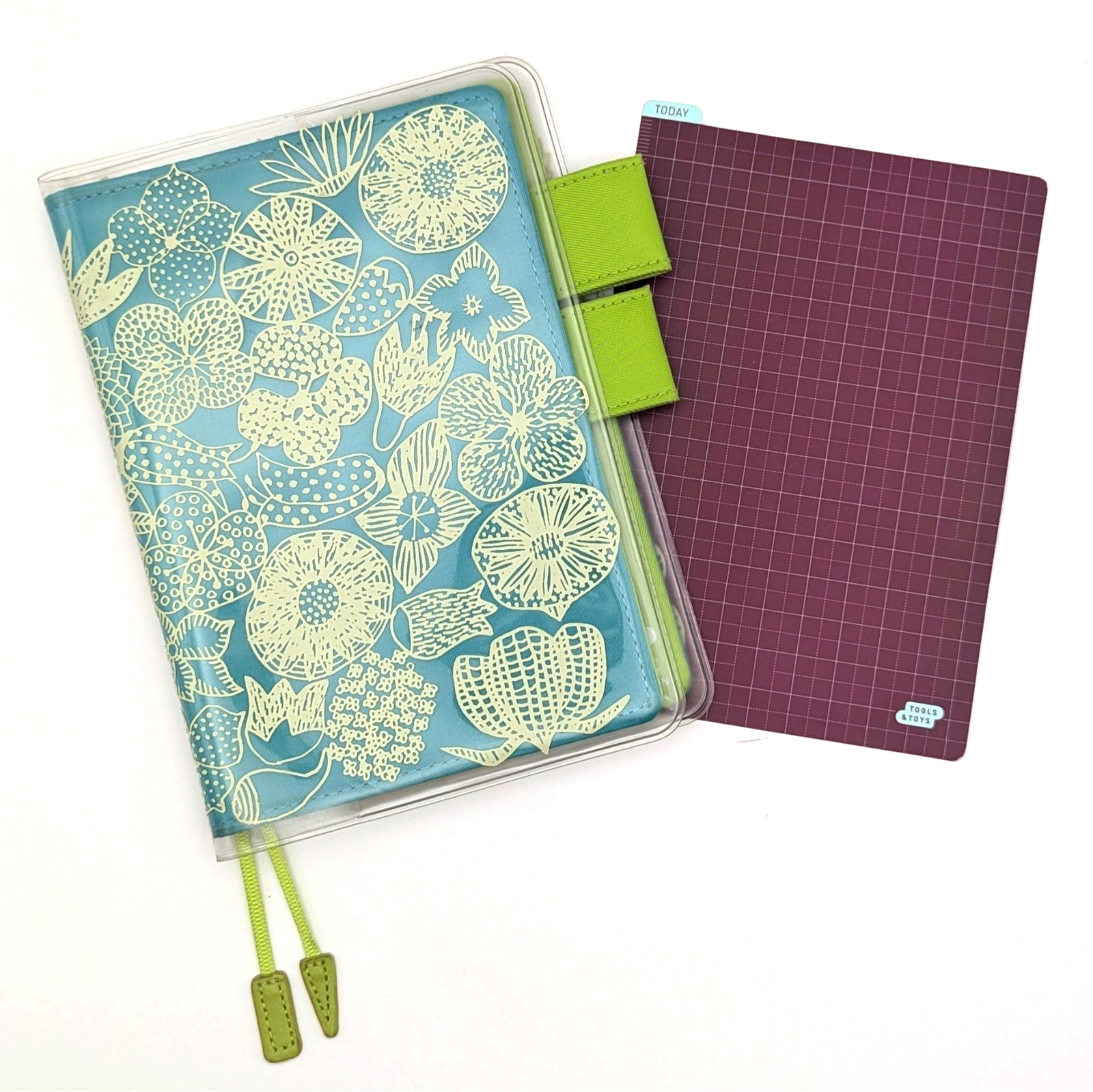 Hobonichi Cover Colors Blue Green A6 Cover on Cover Crazy Flower w/Pencil Board