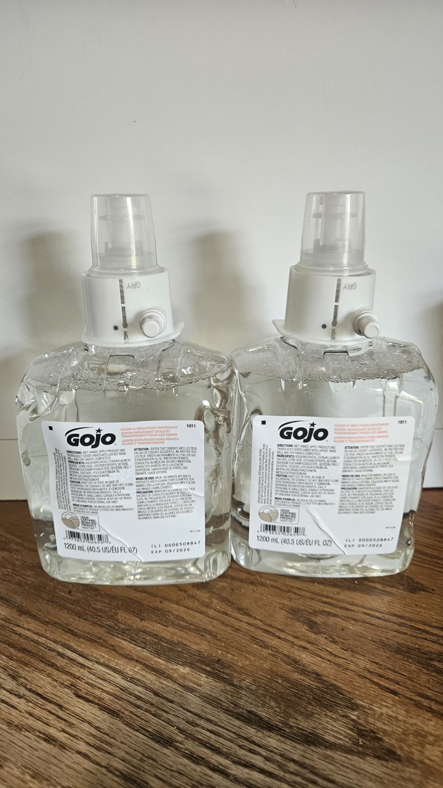 2x GOJO 1911 Clear & Mild Foam Handwash 1200ml LTX-12 Dispenser Refill exp 08/26