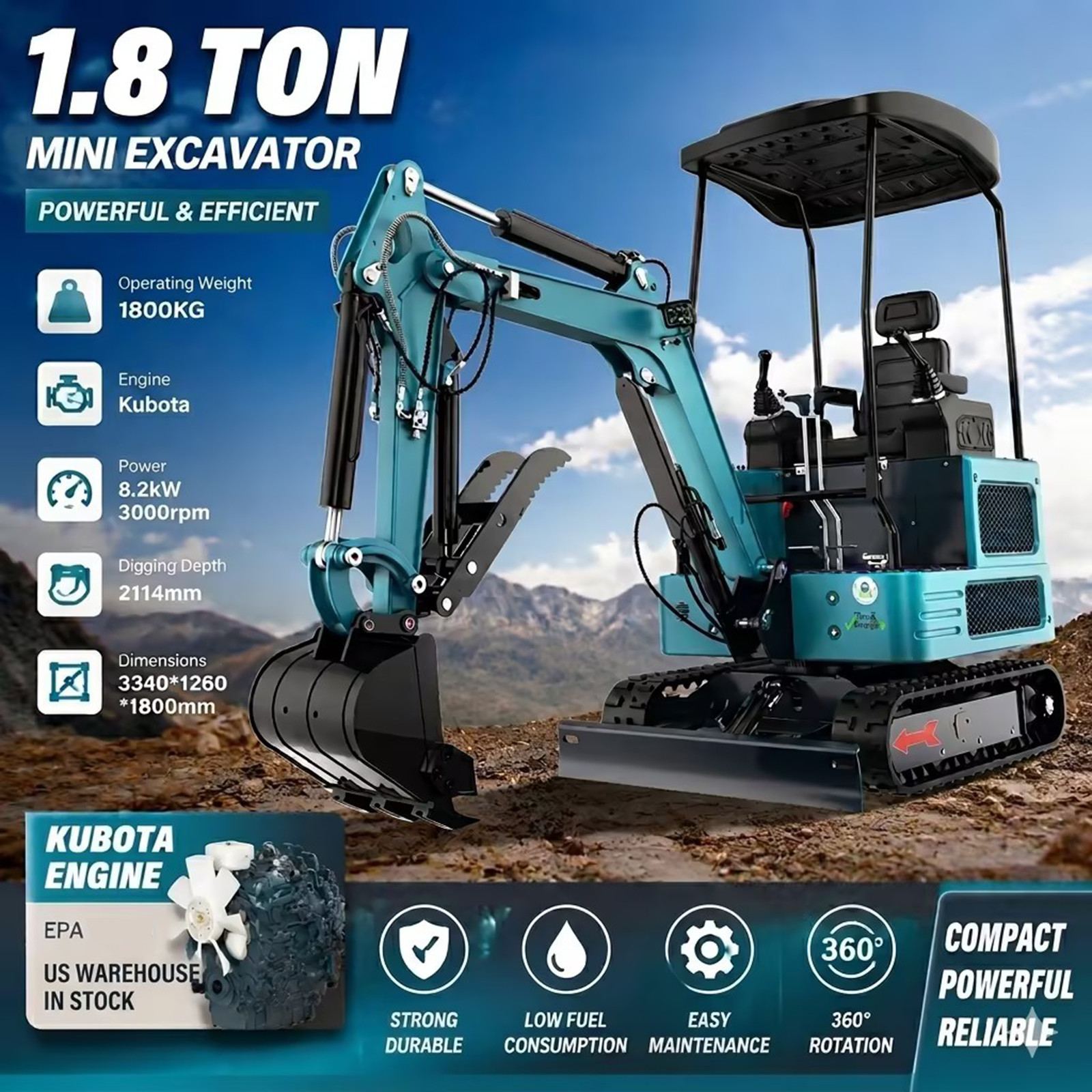 Mini Excavator 1.8 Ton Digger 4000Ibs Diesel EPA Crawler KUBOTA Engine USA Stock