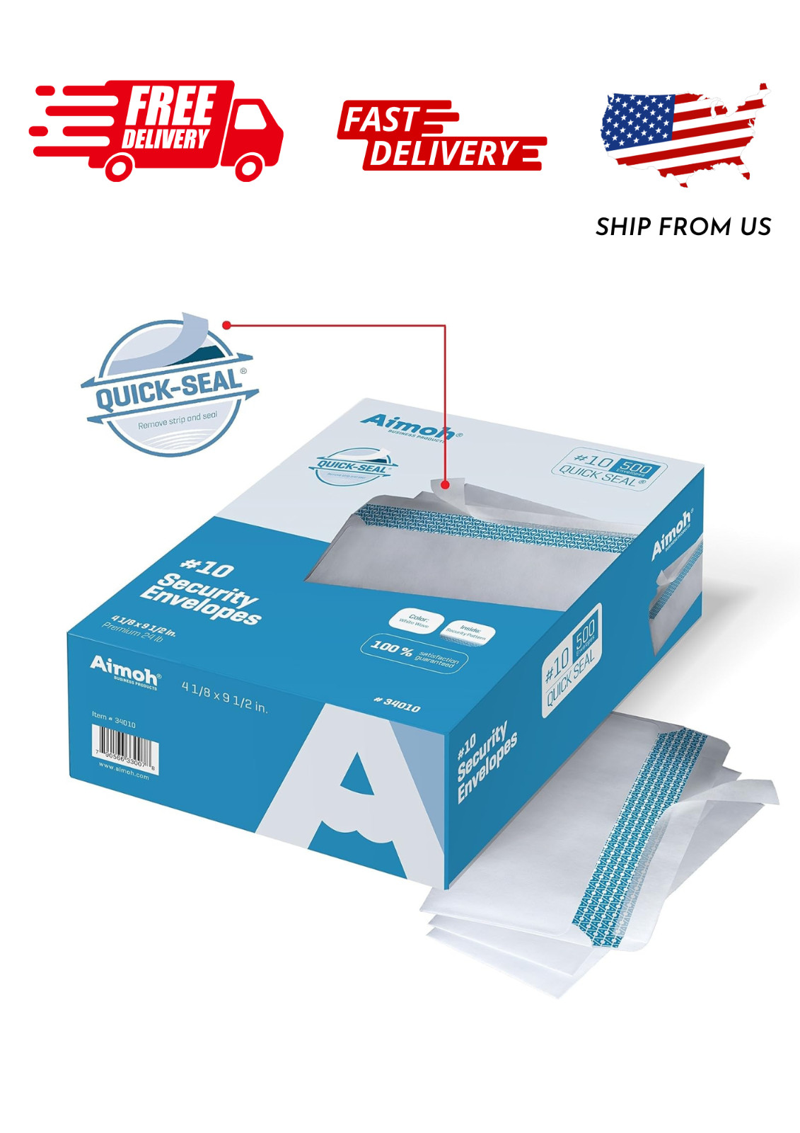 Aimoh Self-Seal #10 Security Envelopes, Windowless Mailing Envelopes, White, 4-1