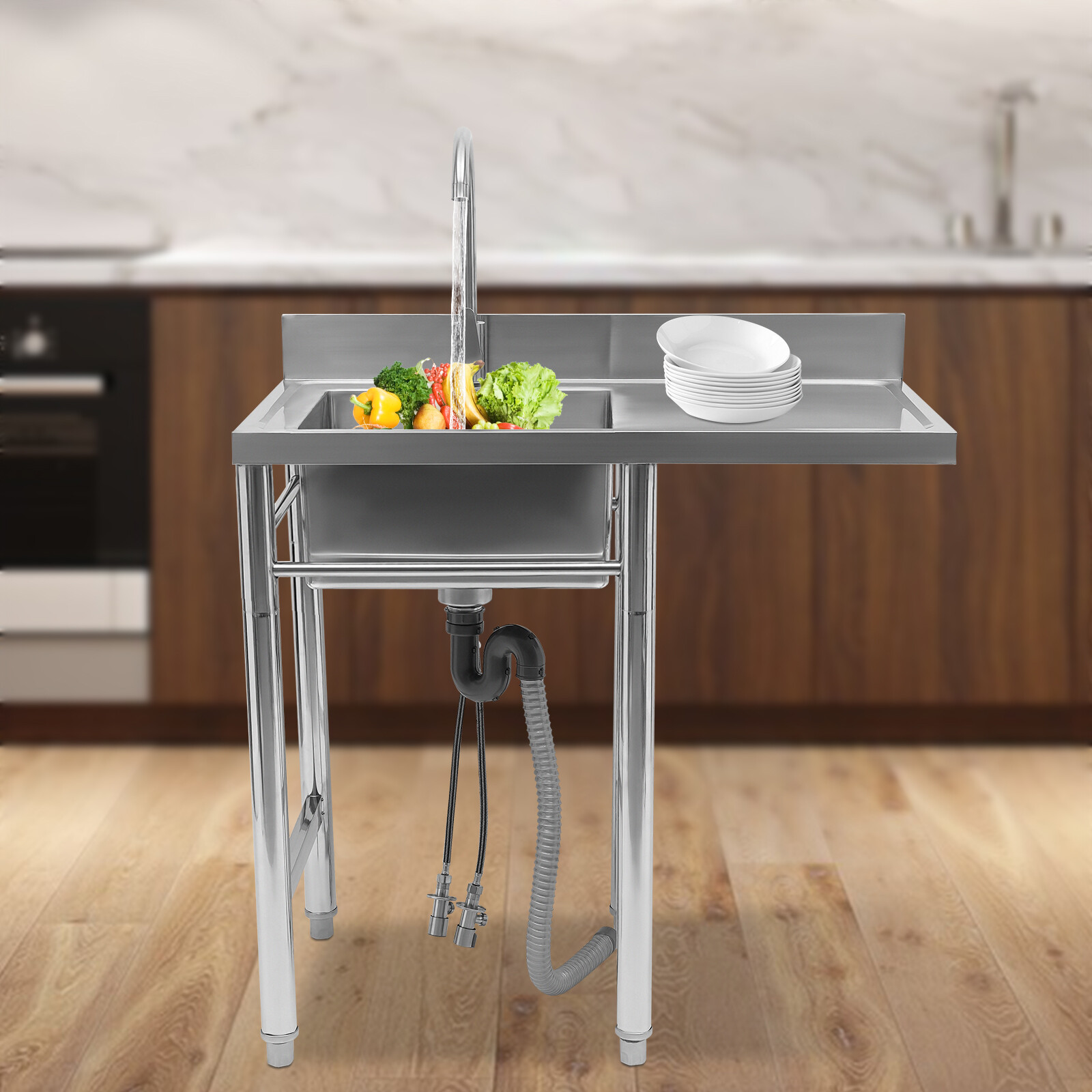 1 Compartment Commercial Kitchen Sink Prep Table with Faucet 304 Stainless Steel