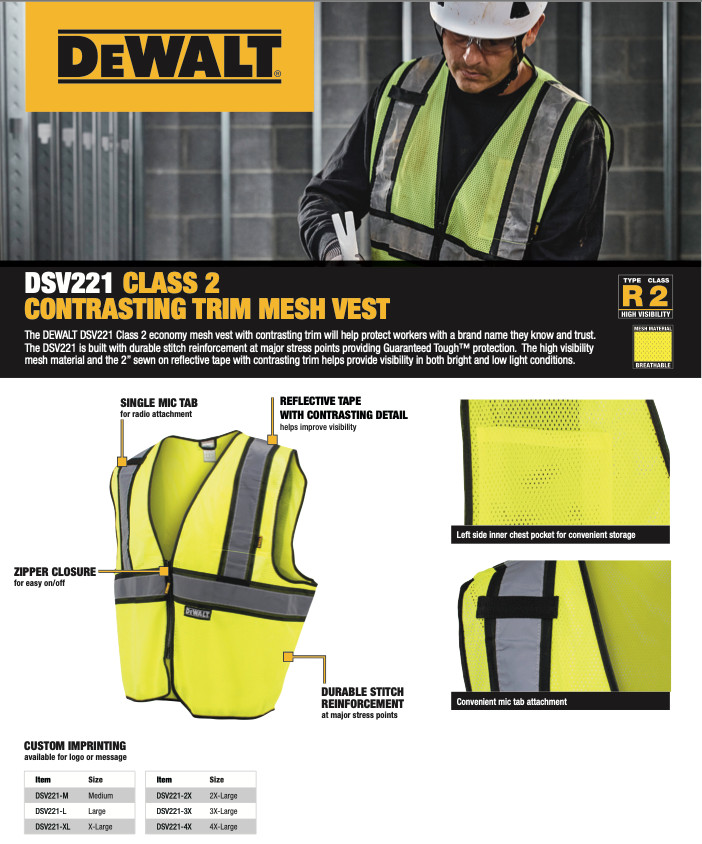 DEWALT DSV221 Contrasting Trim Class 2 Safety Vest, ANSI/ ISEA 107-2010