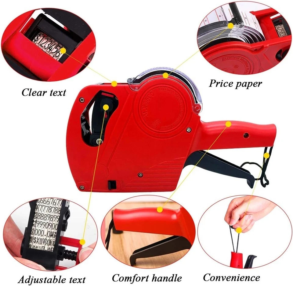 MX-5500 8 Digits Price Tag Gun with 5000 Sticker Labels and 3 Ink Refill Label