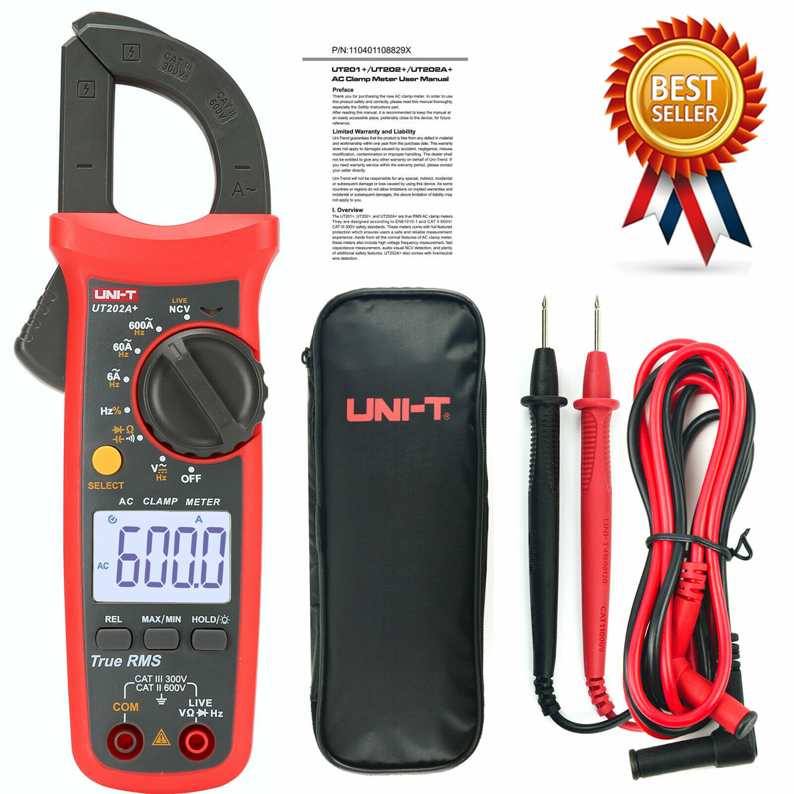 UNI-T UT202A+ Data Hold 600A DC/AC Voltage AC Current Resistance Clamp Meter