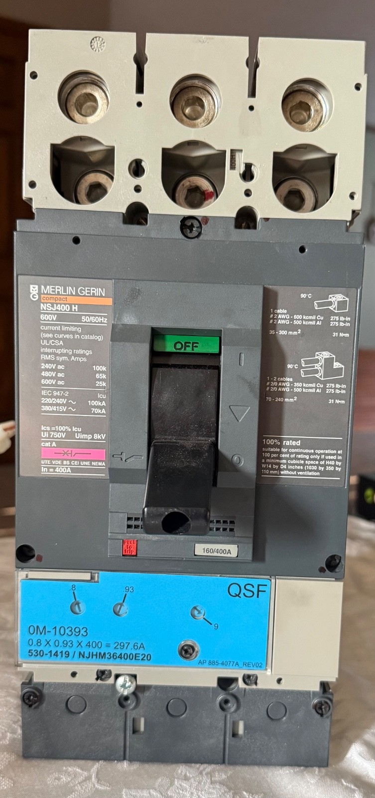 MERLIN GERIN NSJ400 H CIRCUIT BREAKER 400 AMP 3-POLE 600V Used