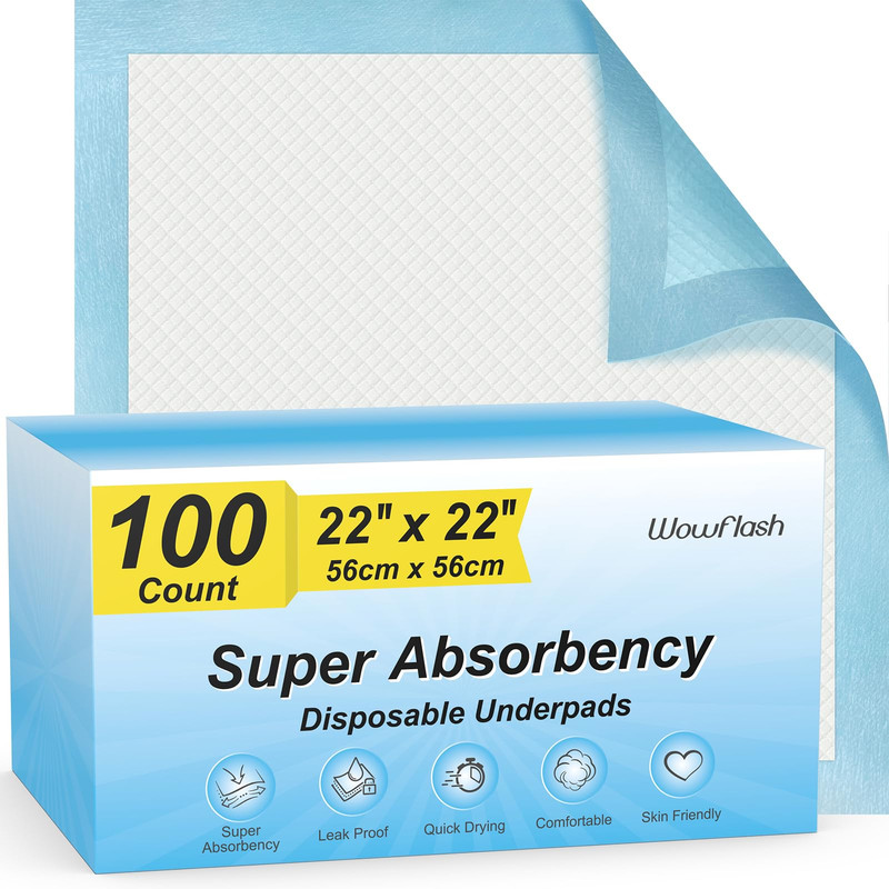 Wowflash 100 Count 22 X 22 Super Absorbency Disposable Underpads Leakproof