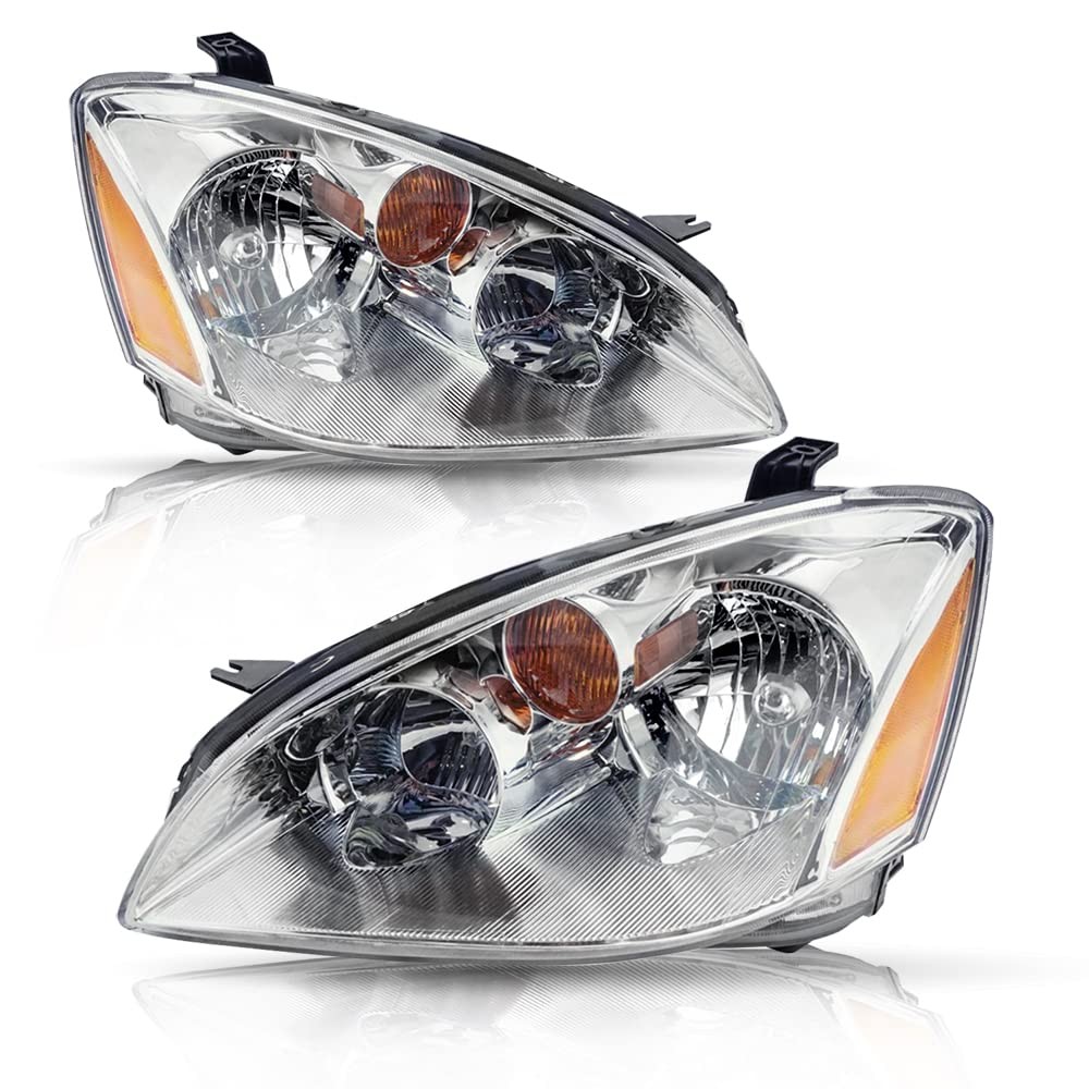 2002-2004 Nissan Altima Halogen Headlight Assembly Pair Chrome Housing Amber