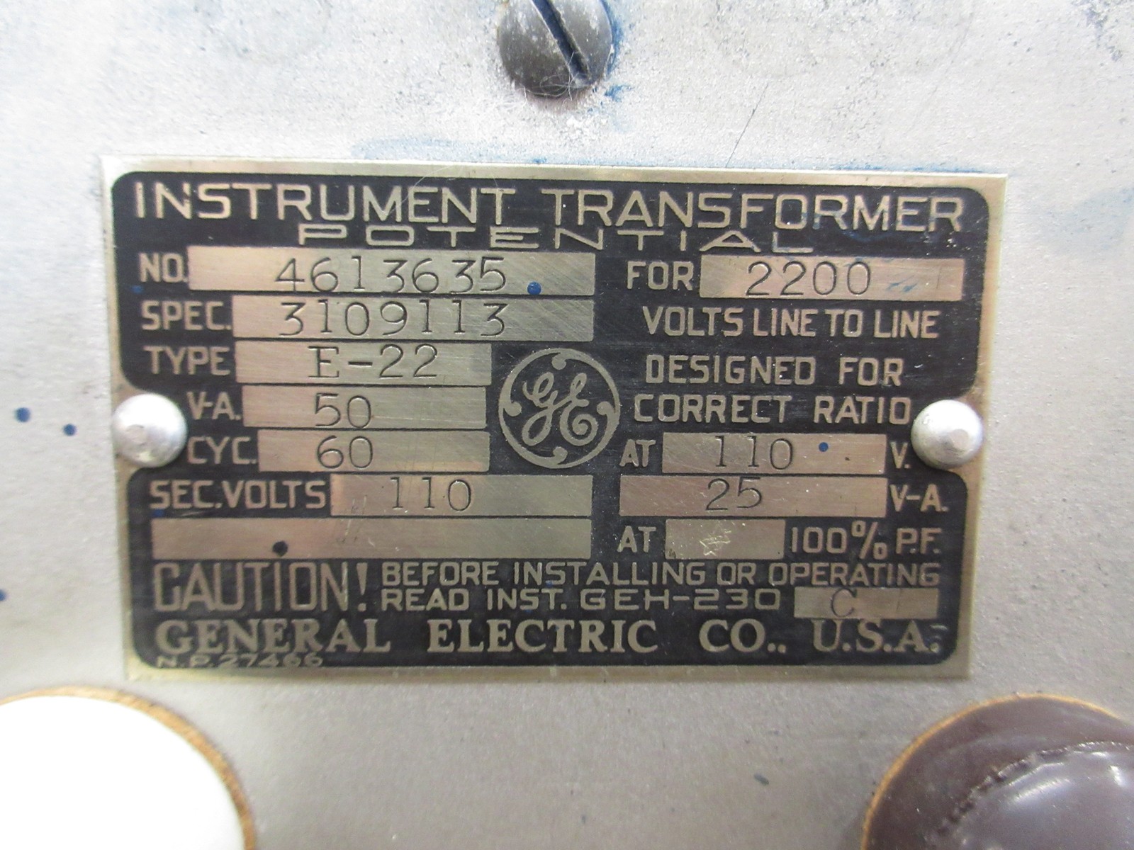 GE Type E-22 Potential Transformer 3109113 50VA Pri: 2.2kV Sec: 110V 60Hz Used