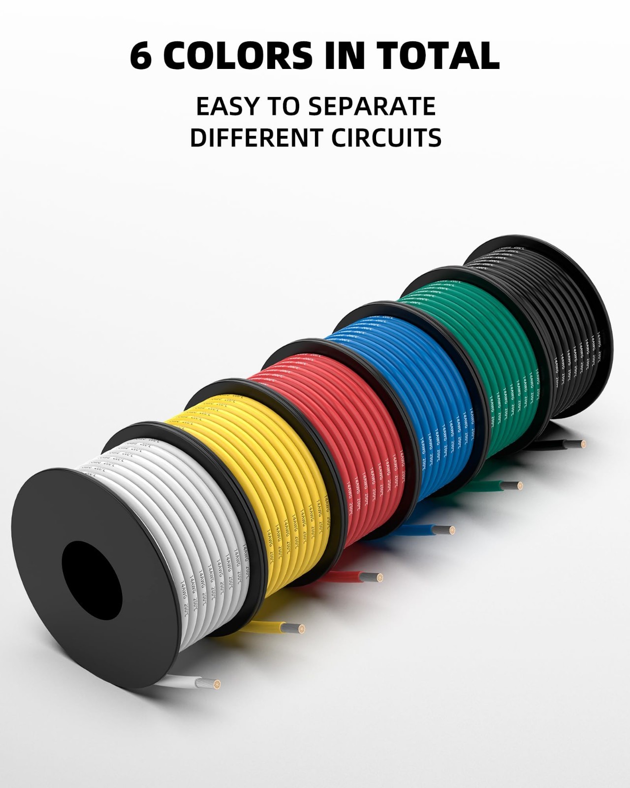 14 AWG 300ft Silicone Tinned Copper Wire – 6 Colors, Flexible Electrical Cable f