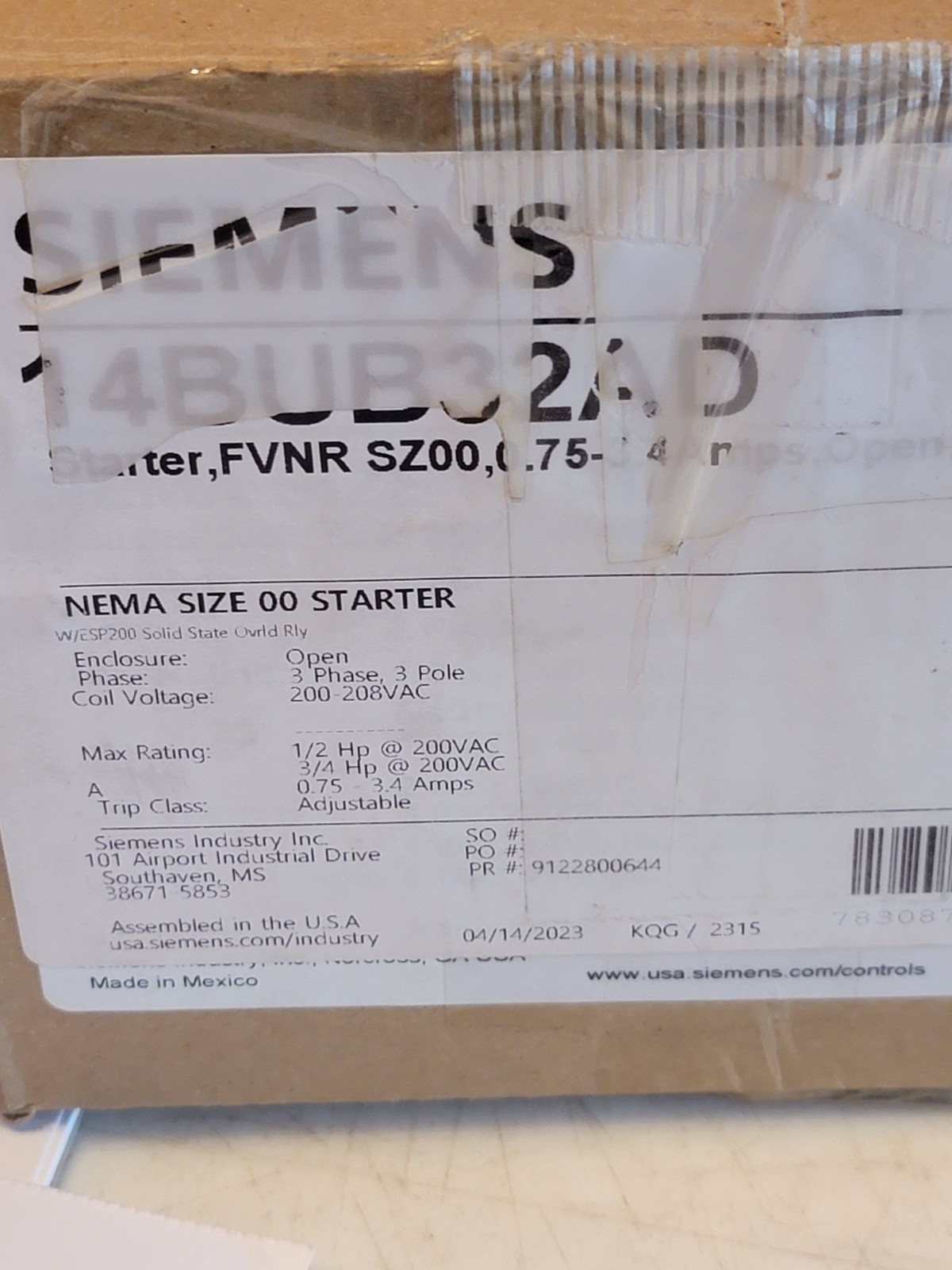 Siemens 14BUB32AD Nonreversing Nema Magnetic Motor Starter, No Enclosure Nema