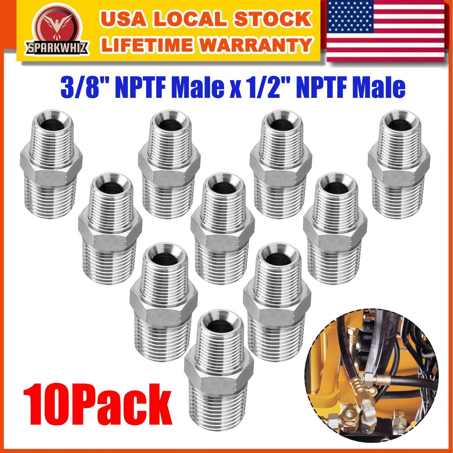 10 Pack Hydraulic Adapter: 3/8″ NPTF Male x 1/2″ NPTF Male Hydraulic Fittings