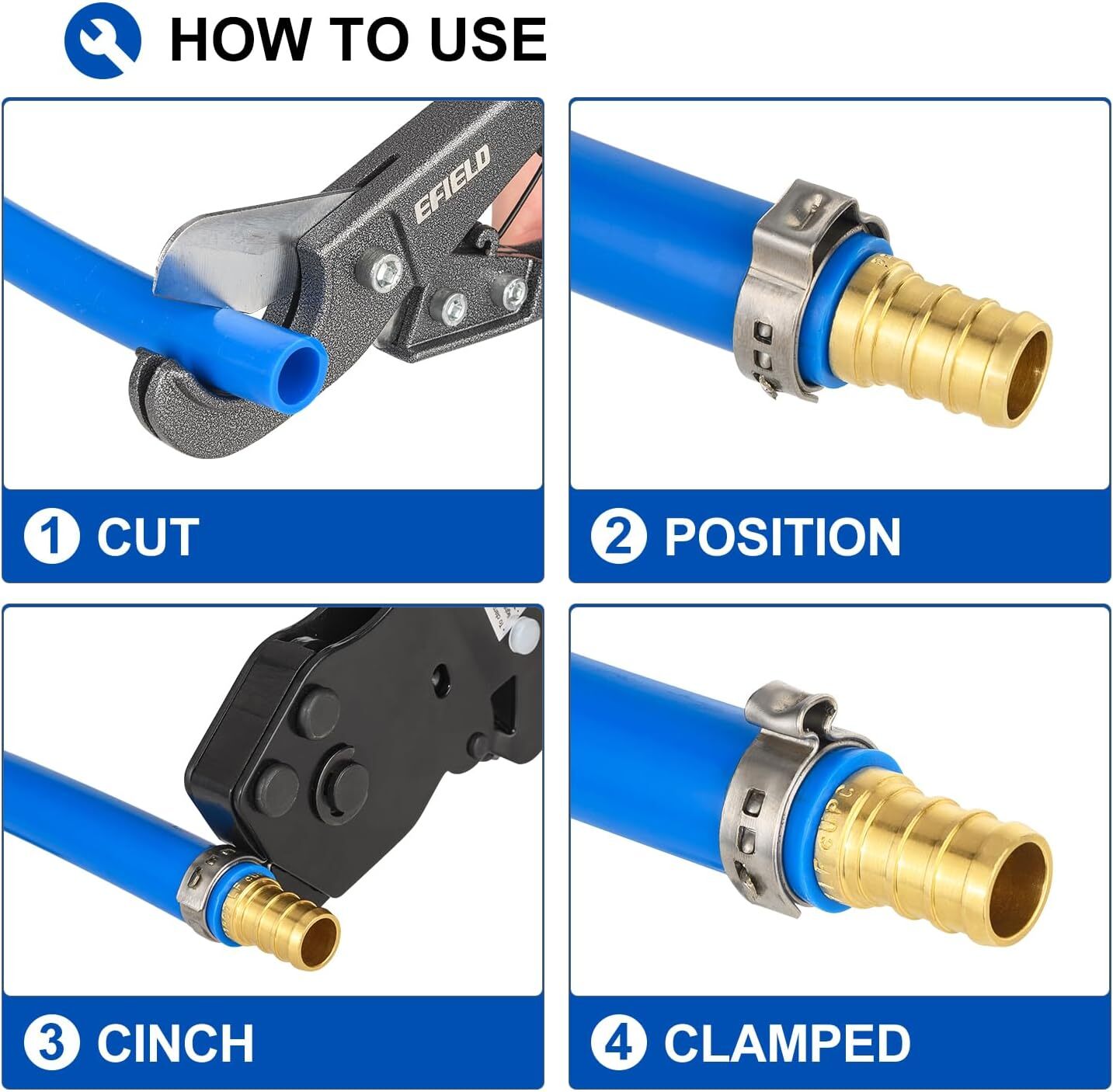 EFIELD Pex Ratchet Cinch Clamp Crimp Tool 3/8″-1″for Stainless Steel Rings+Pouch