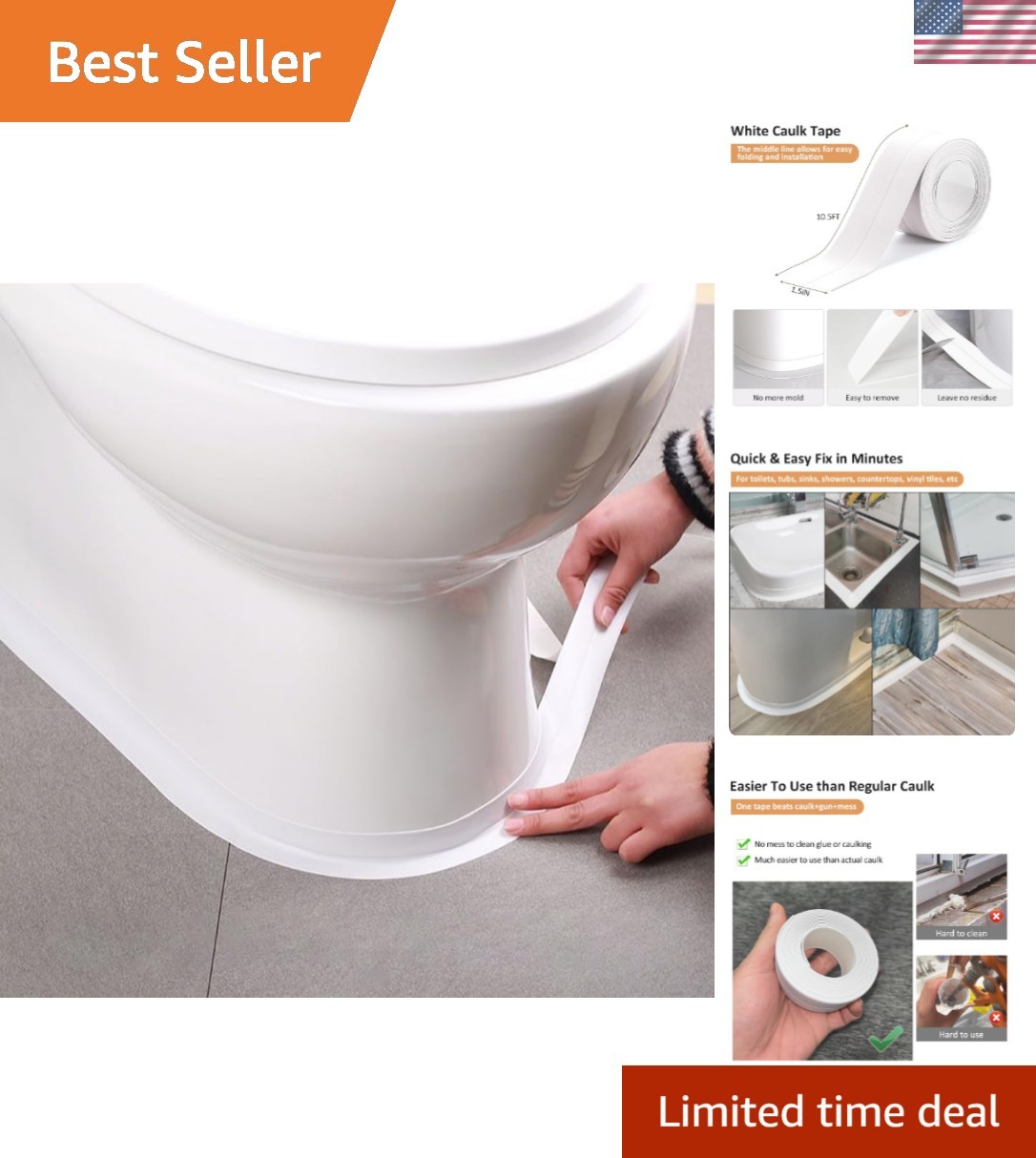 White Caulk Tape Self Adhesive Waterproof, Bathroom Peel & Stick Caulking Str…