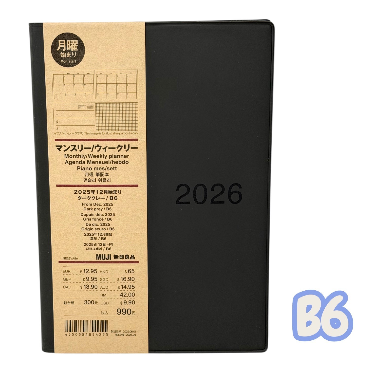 MUJI 2026 Planner – DARK GREY B6 – Mon. Start Monthly Weekly From December 2025