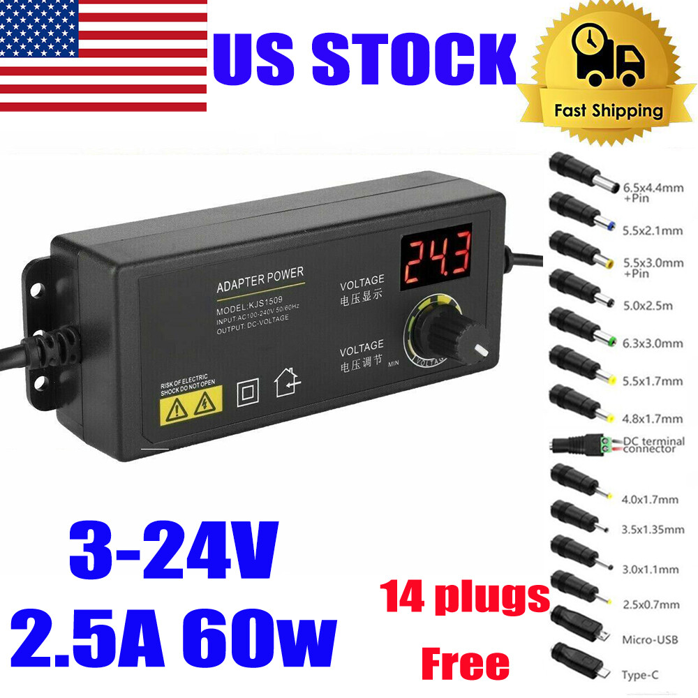 60W Power Supply Adjustable Variable Voltage DC 3V~24V Universal AC/DC Adapter