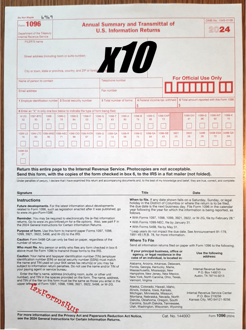 10-pack – 2024 Tax Form 1096 Annual Transmittals ONLY (for mailing 1099s to IRS)
