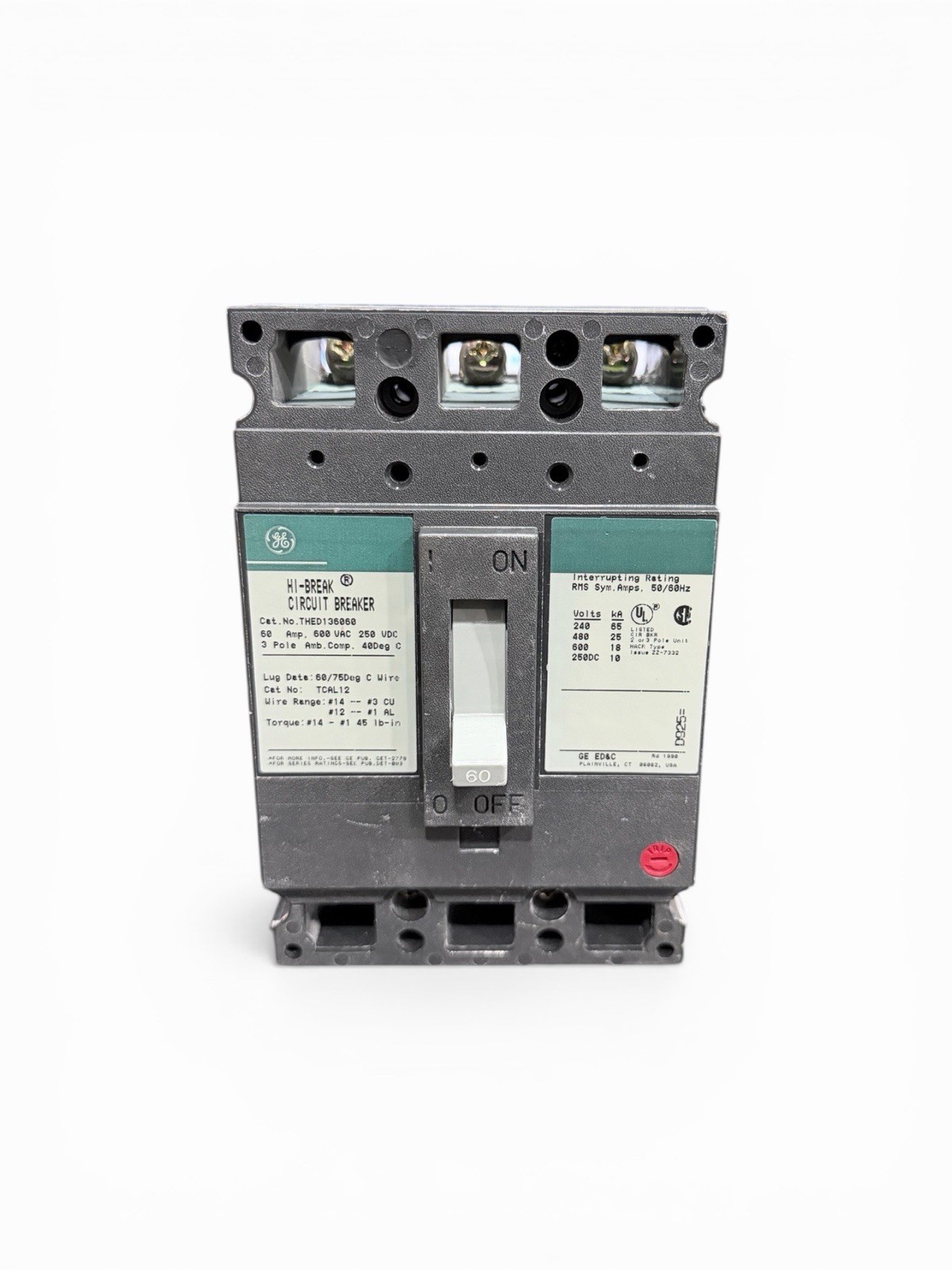 GE THED136060 60A 3P 600VAC Molded Case Circuit Breaker 25kA