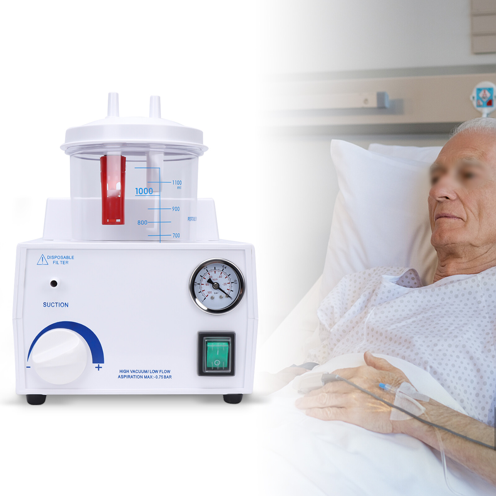 1000mL Portable Phlegm Suction Unit Emergency Medical Vacuum Aspirator Machine