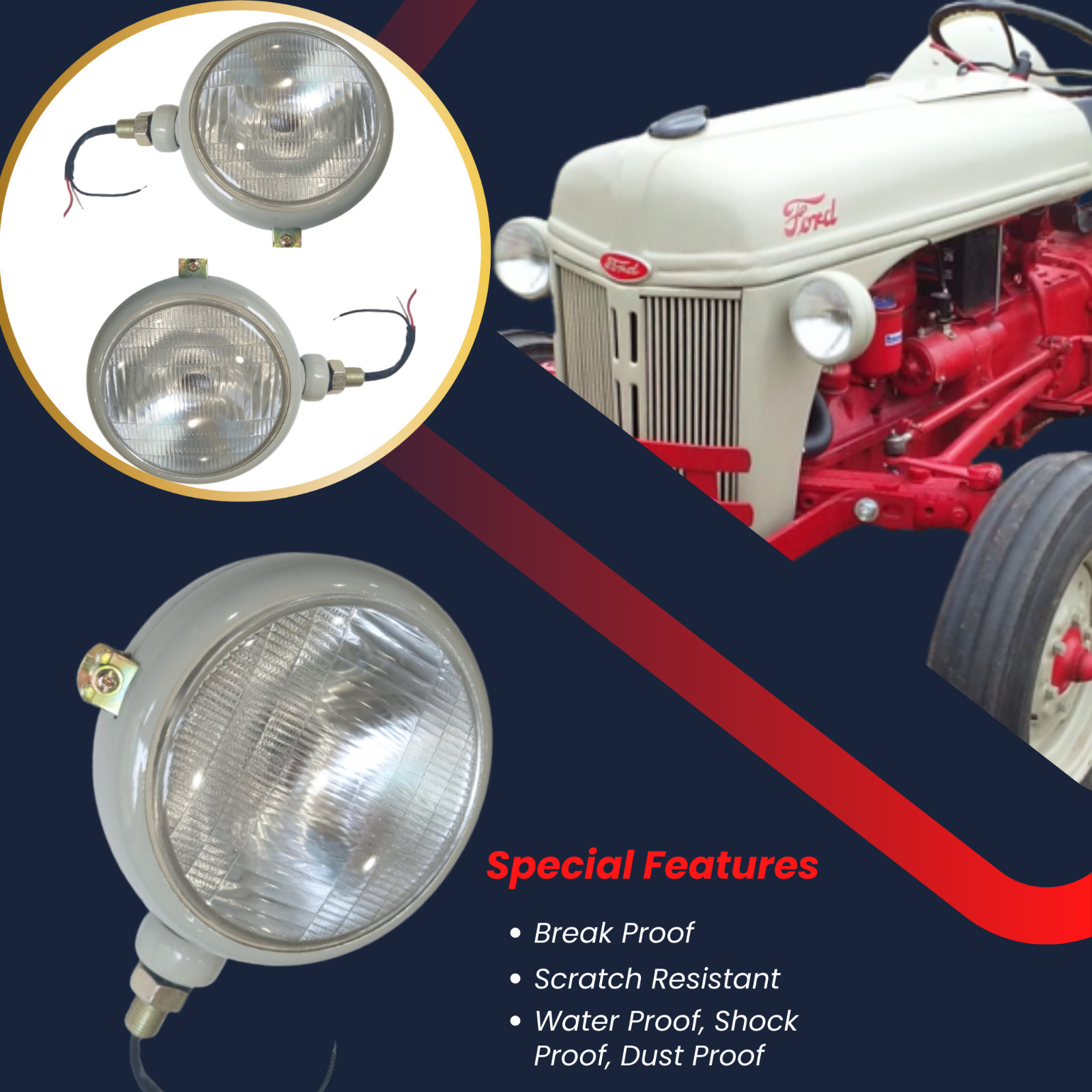 Ford Tractor Grey Headlight with Butler fits 2N, 9N, 8N, 600, 800, NAA 310066F