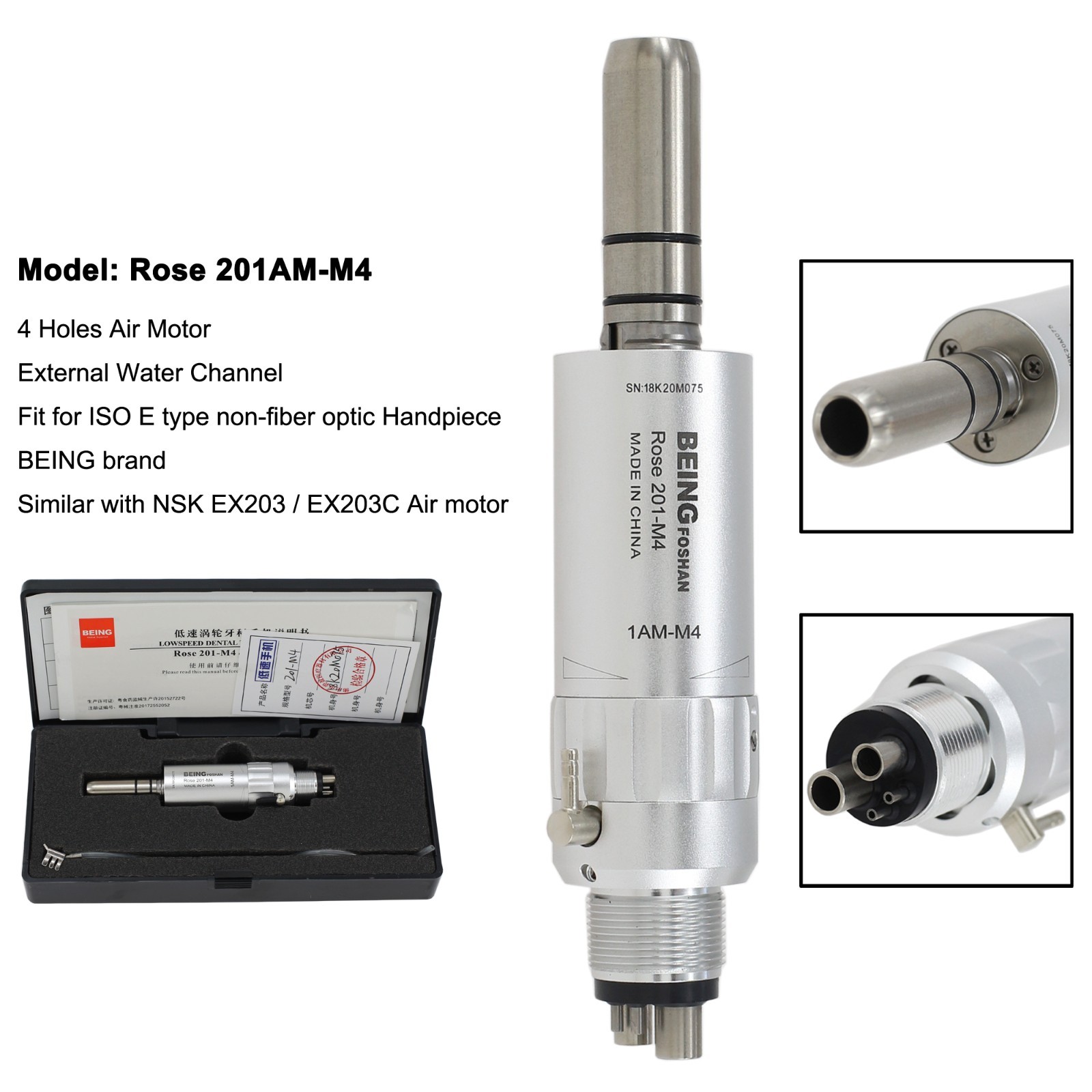 BEING Dental Contra Angle Straight Handpiece Air Motor 4 Holes Low Speed NSK EC