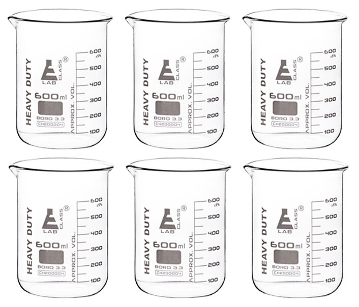 6PK Heavy Duty Beakers, 600ml – Borosilicate 3.3 Glass – Eisco Labs