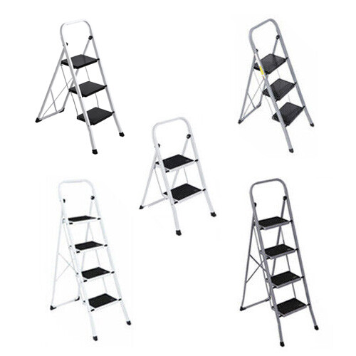 2/3/4 Step Ladder White/Grey Folding Steel Step Stool with Wide Anti-Slip Pedal