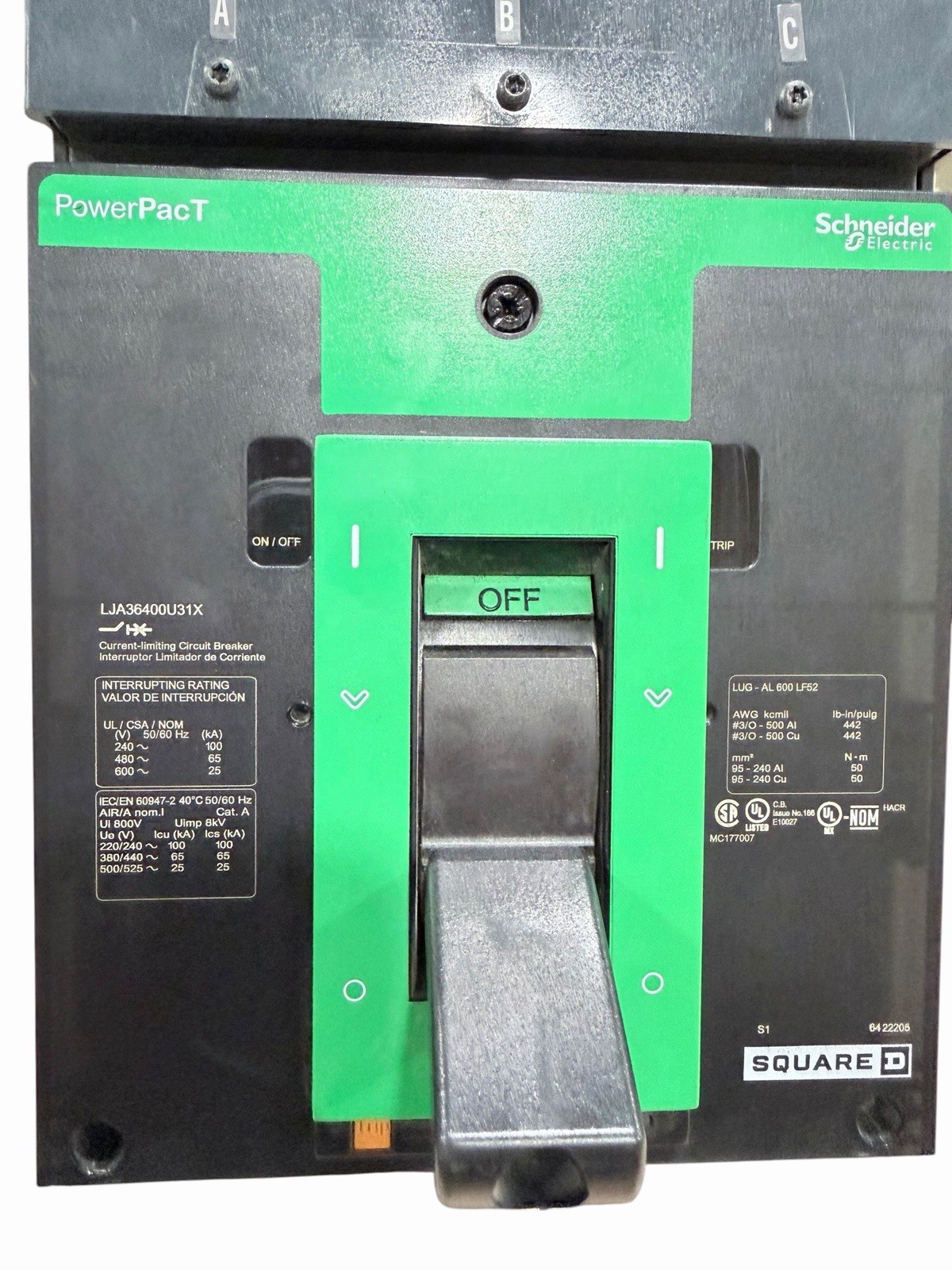 Square D LJA36400U31X PowerPacT L 400A 3P 600V I-Line Breaker