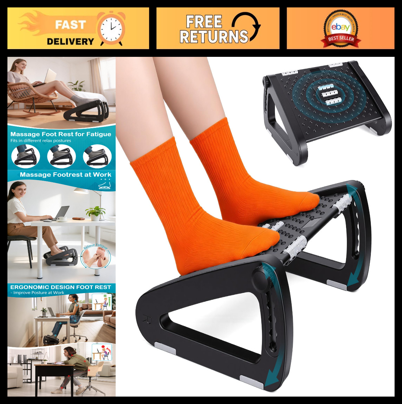 Ergonomic Under Desk Foot Rest – Adjustable Foot Stool with Roller Massager for