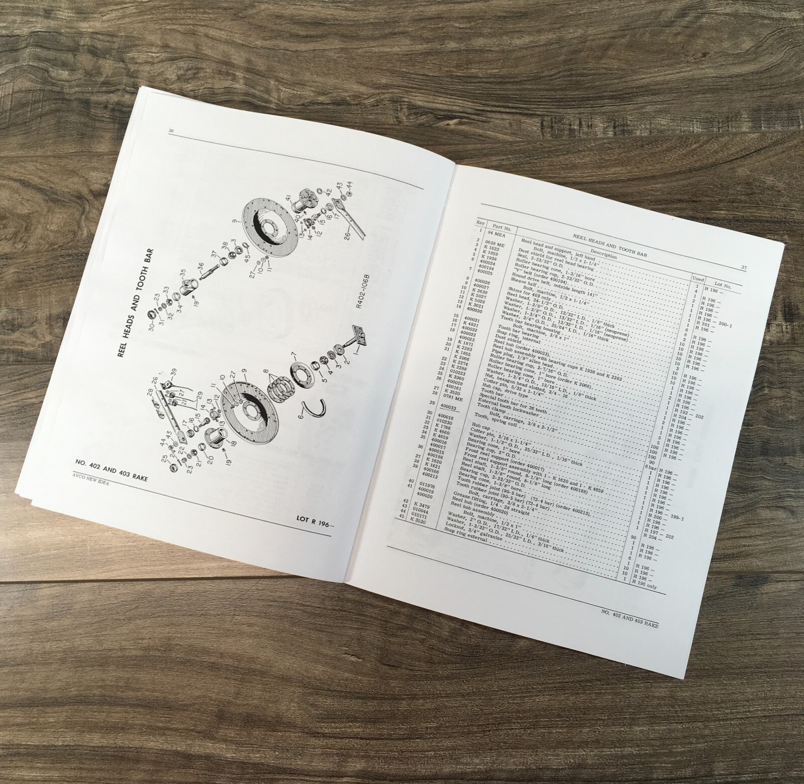New Idea 49 400 401 402 403 Parallel Bar Side Rake Parts Manual Catalog