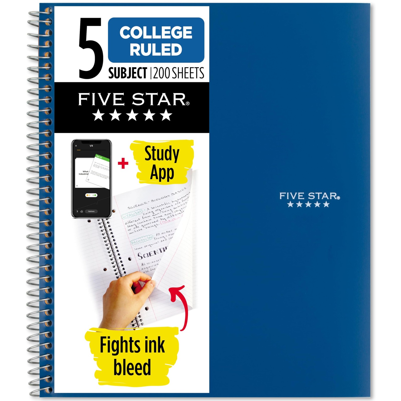 Five Star Spiral Notebook + Study App, 5 Subject, 1 Count (Pack of 1), Blue