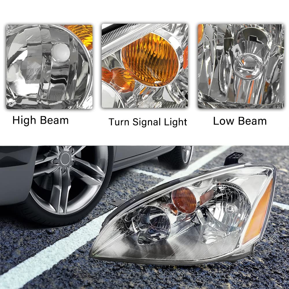 2002-2004 Nissan Altima Halogen Headlight Assembly Pair Chrome Housing Amber