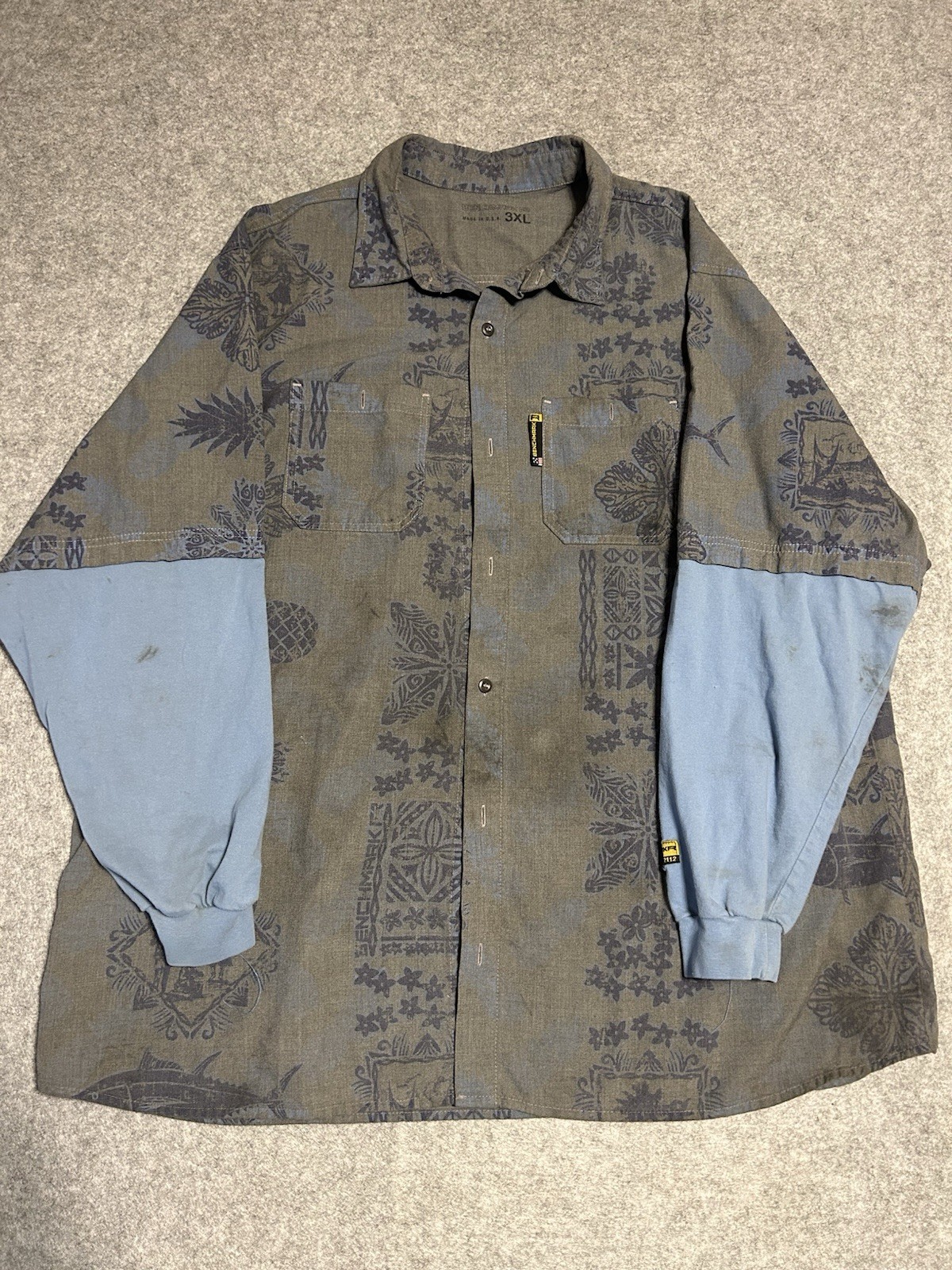 Benchmark FR Mens 3XL Floral Aloha Hawaiian Button Up Shirt Made USA MADE STAIN