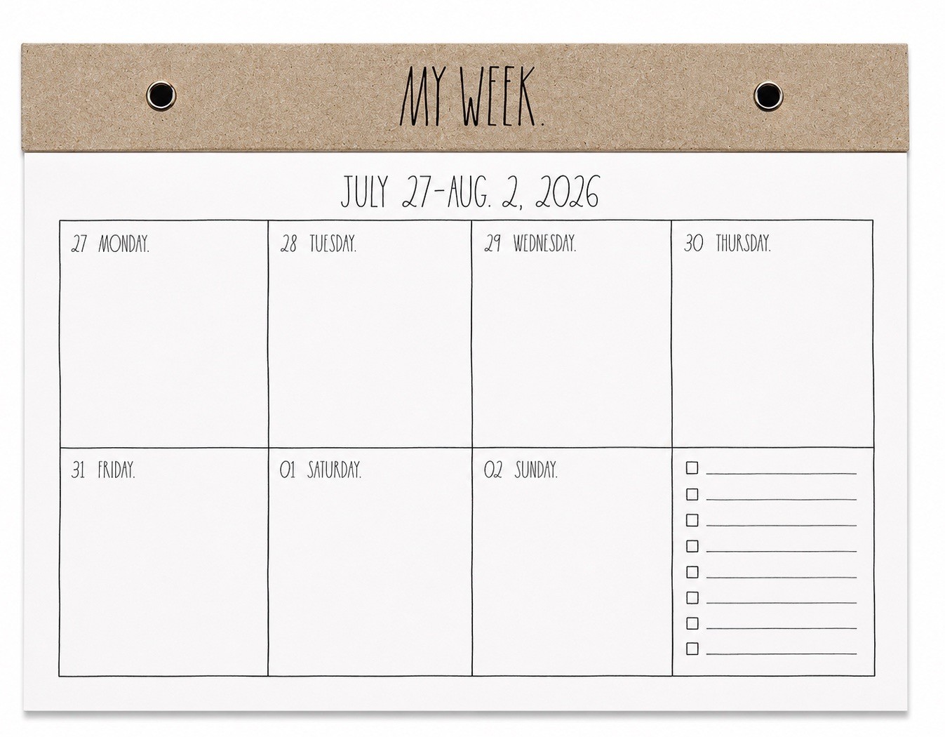 RAE DUNN 2026 – 2027 Weekly Desk Calendar Pad 17 Months Hard Back MY WEEK BEIGE