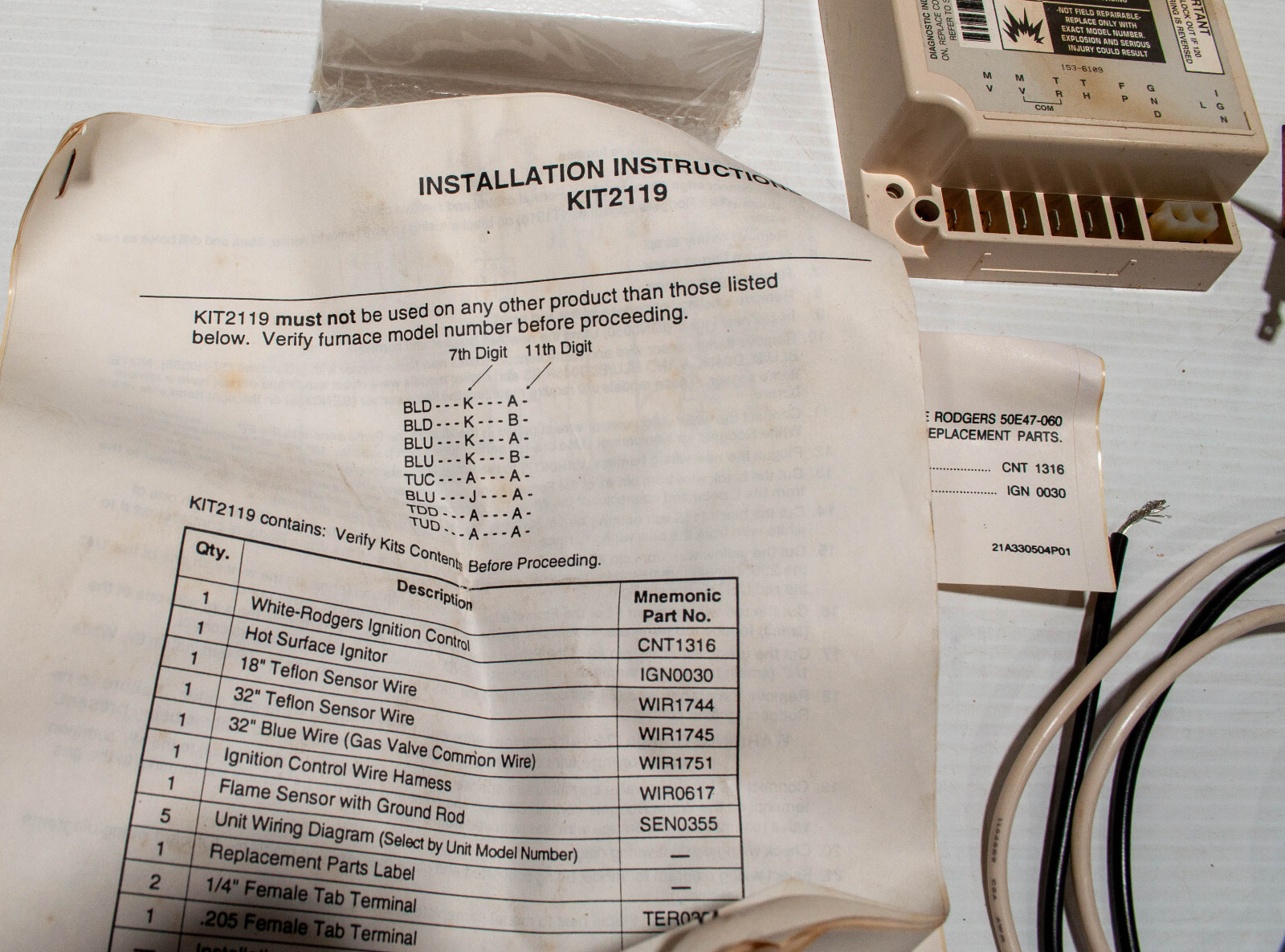 Trane Service First Trane KIT2119 Ignition Module 50E47-060 Igniter IGN0030 Rod