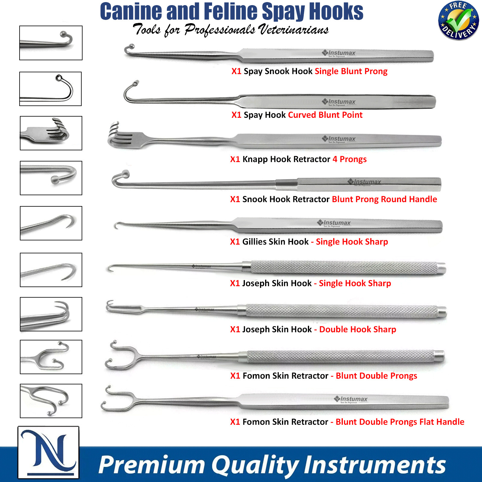 Animal Surgery Spaying & Neutering Tools Skin Spay Blunt Hook Retractors Range