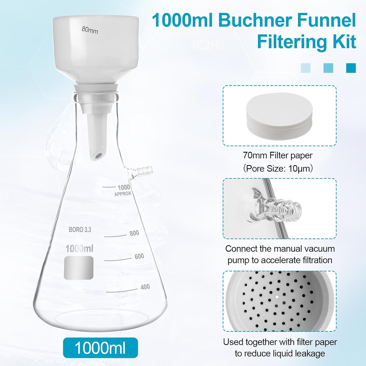 1000ml Lab Buchner Funnel Vacuum Filtering flask kit Hand Pump Vacuum Optional