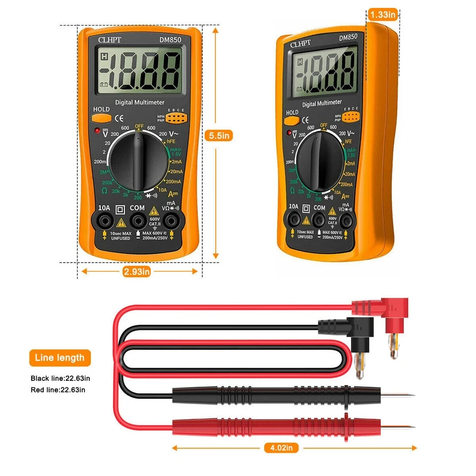 LCD Digital Multimeter Voltmeter Ammeter Ohmmeter Volt AC DC Tester Leads Meter