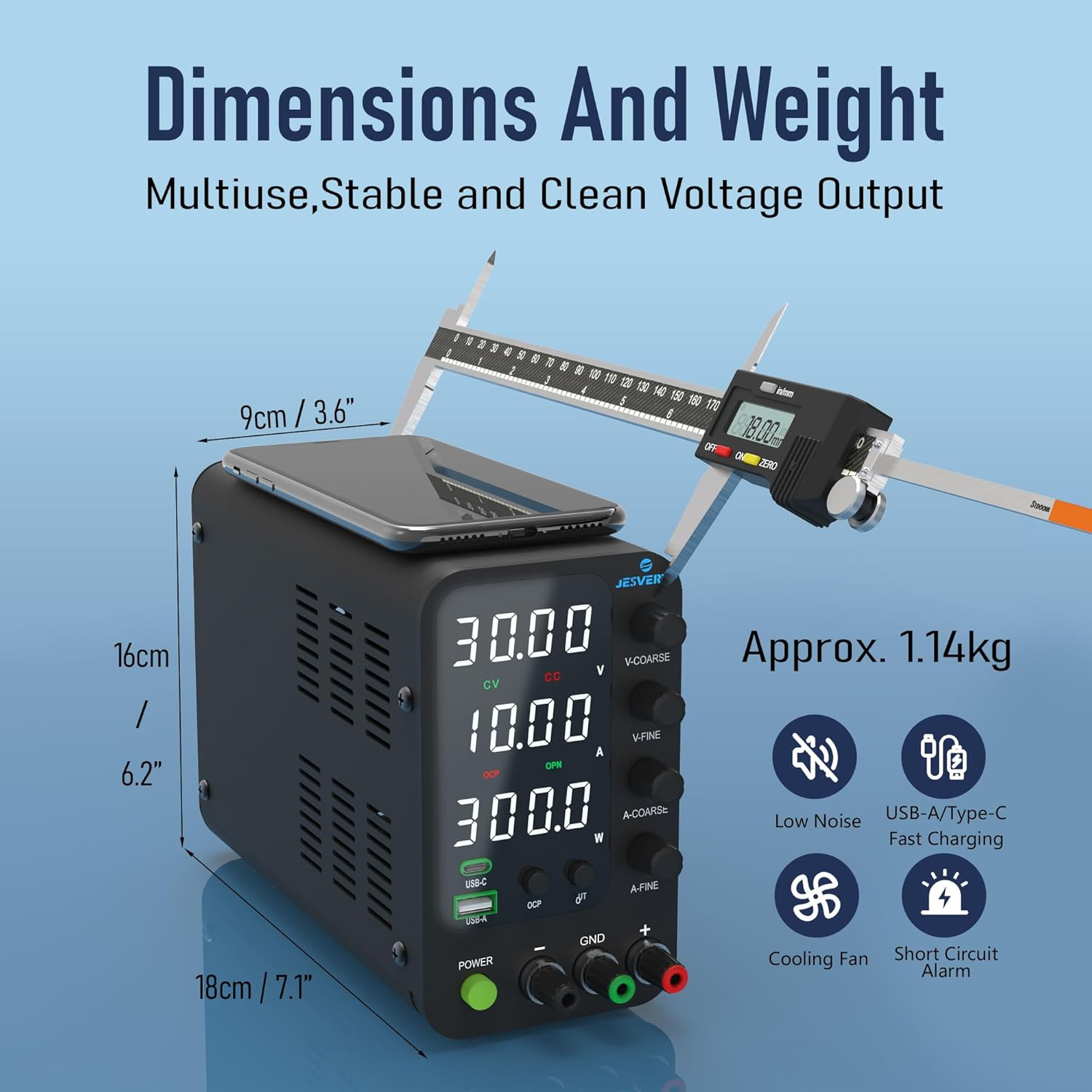 DC Power Supply Variable, 0-32V 0-10A Switching Bench Power Supply with 20W USB