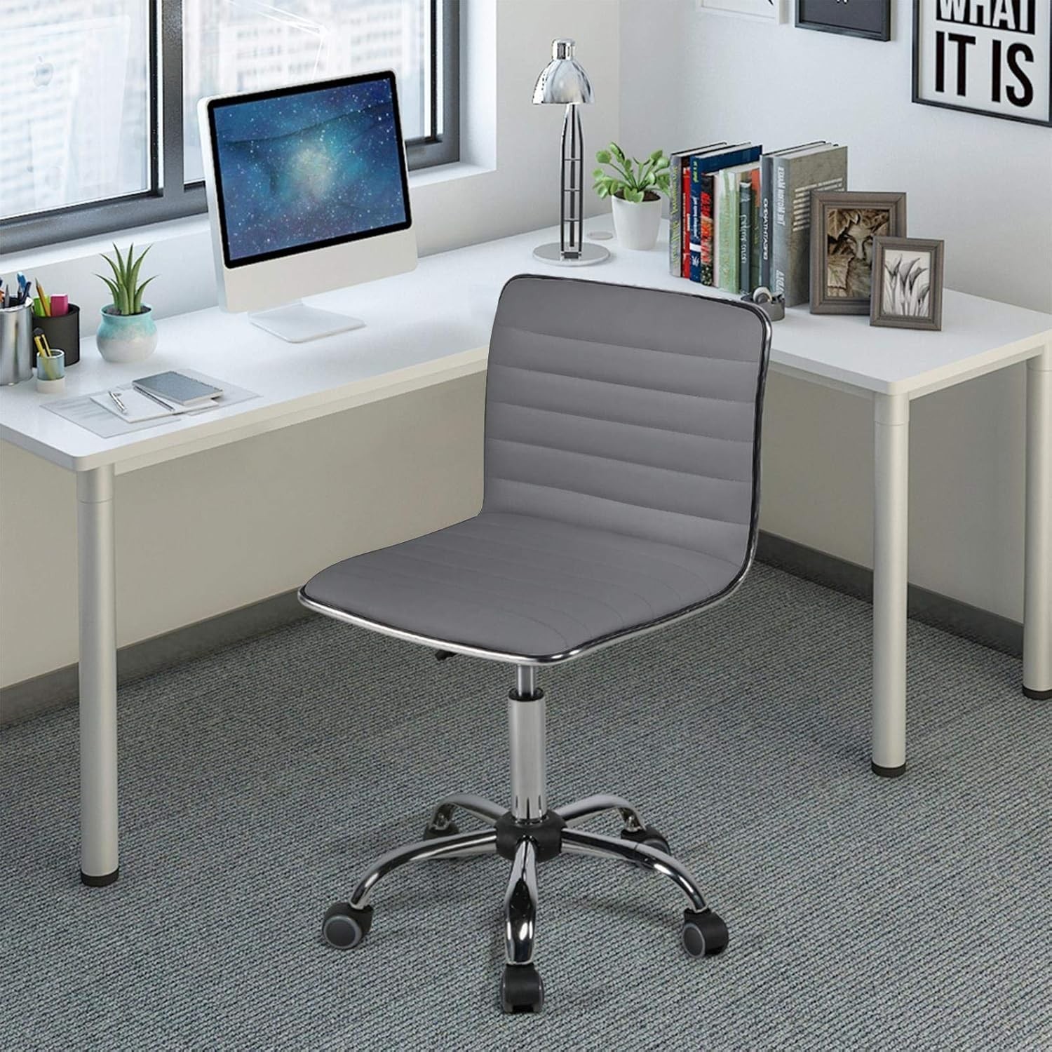 PU Leather Ribbed Armless Task Office Chair Adjustable Low Back Executive Chair