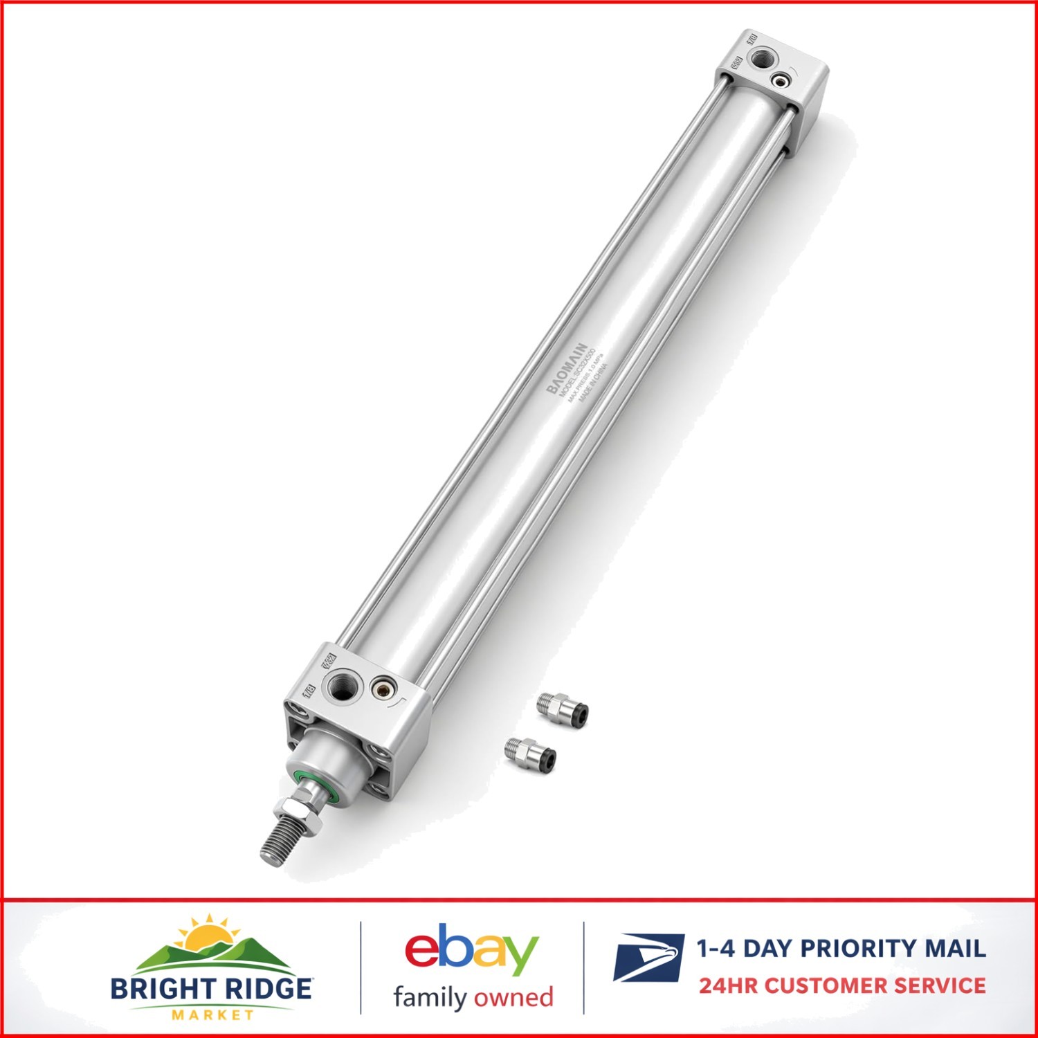 Compact Pneumatic Cylinder with Self-Lubricating Bearing and 2 Push-in Fittings