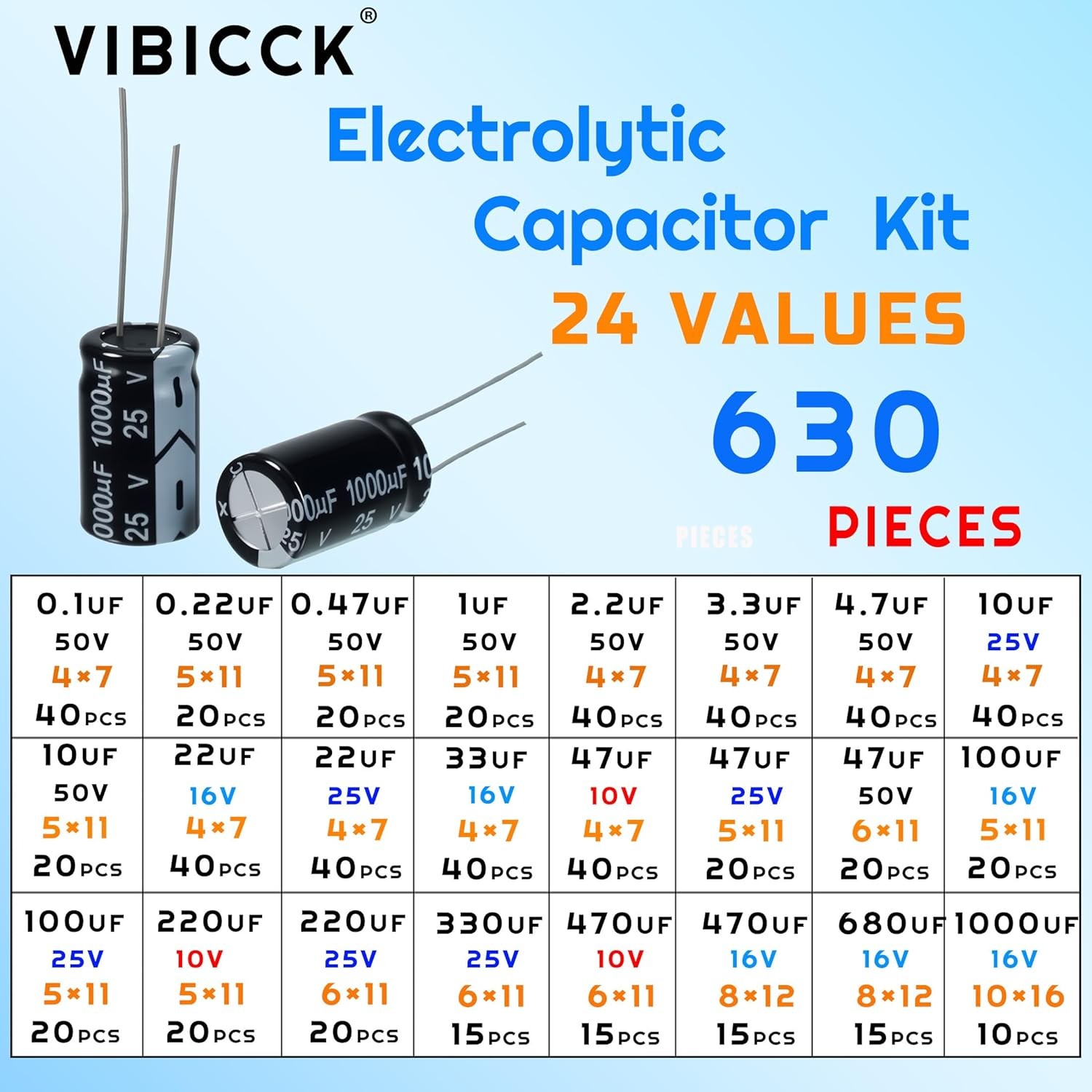 630 Pcs 24 Value Aluminum Electrolytic Capacitor Assortment Kit 0.1μF-1000μF