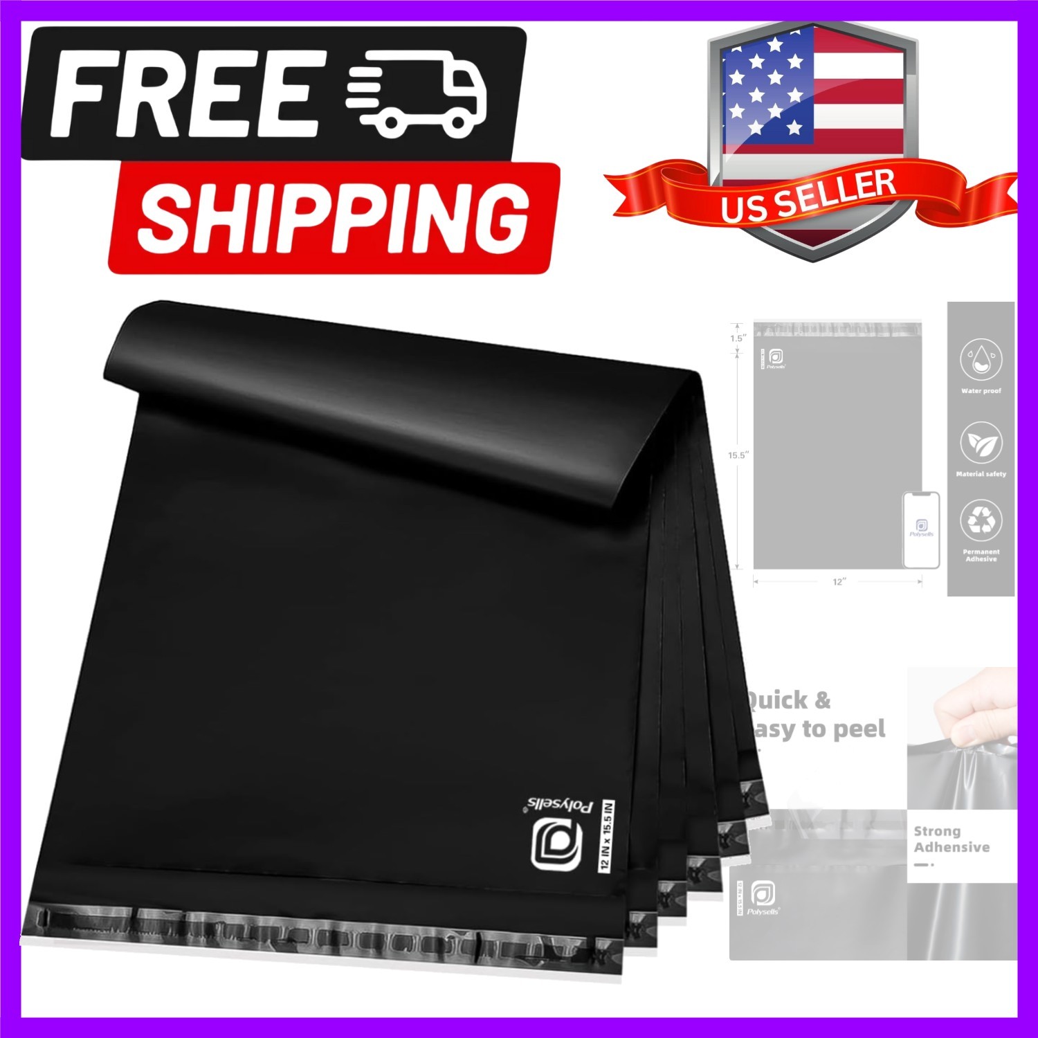 100 pcs 12×15.5 Inches Black Poly Mailers Shipping Envelopes, Strong Adhesive…